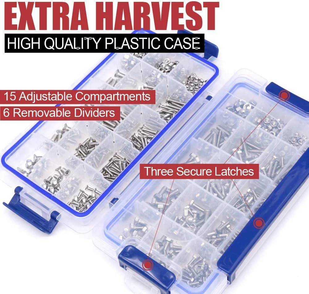 مجموعه پیچ و مهره 705 عددی Hilitchi شامل پیچهای ماشینی سرتخت فیلیپس M3 M4 M5، مهرهها، واشرهای تخت و فنری، جنس استیل 304، طول 8 تا 20 میلیمتر، رزوه کامل مجموعه پیچ و مهره 705 عددی Hilitchi شامل پیچهای ماشینی سرتخت فیلیپس M3 M4 M5، مهرهها، واشرهای تخت و فنری، جنس استیل 304، طول 8 تا 20 میلیمتر، رزوه کامل