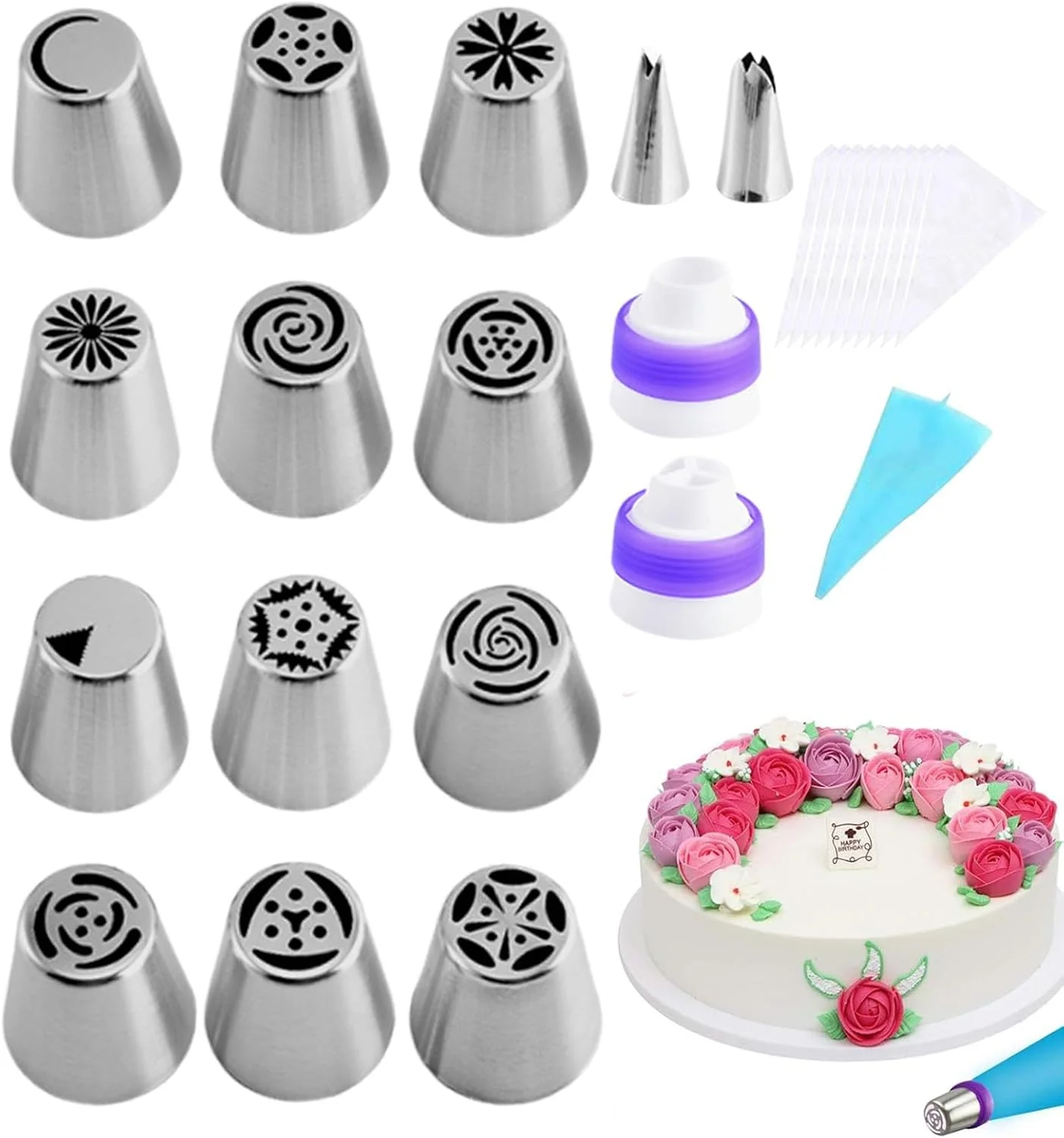 ست نوک قیف شیرینی پزی - ست کیسه های ماسوره ای قابل استفاده مجدد | لوازم شیرینی پزی و تزئین کیک با کیفیت غذایی برای کیک، کاپ کیک، کلوچه و شیرینی ست نوک قیف شیرینی پزی - ست کیسه های ماسوره ای قابل استفاده مجدد | لوازم شیرینی پزی و تزئین کیک با کیفیت غذایی برای کیک، کاپ کیک، کلوچه و شیرینی