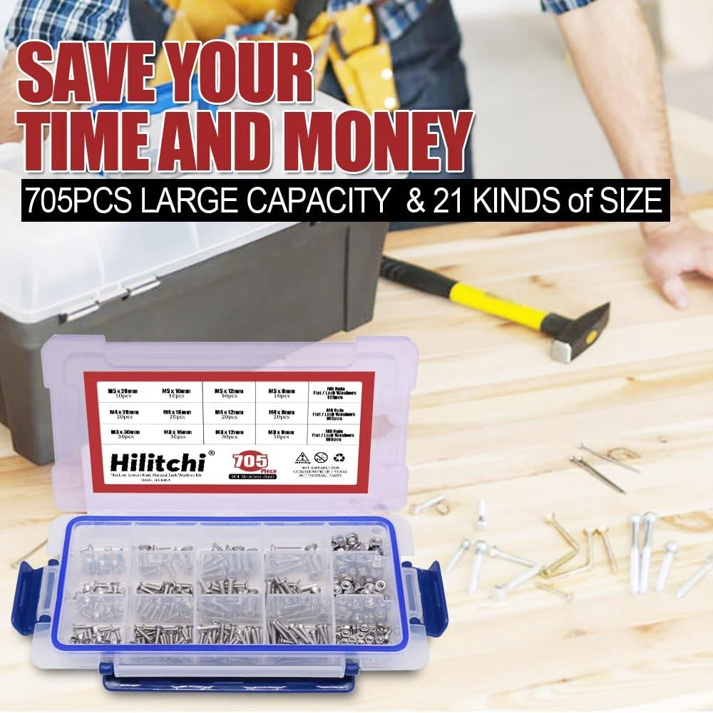 مجموعه پیچ و مهره 705 عددی Hilitchi شامل پیچهای ماشینی سرتخت فیلیپس M3 M4 M5، مهرهها، واشرهای تخت و فنری، جنس استیل 304، طول 8 تا 20 میلیمتر، رزوه کامل مجموعه پیچ و مهره 705 عددی Hilitchi شامل پیچهای ماشینی سرتخت فیلیپس M3 M4 M5، مهرهها، واشرهای تخت و فنری، جنس استیل 304، طول 8 تا 20 میلیمتر، رزوه کامل