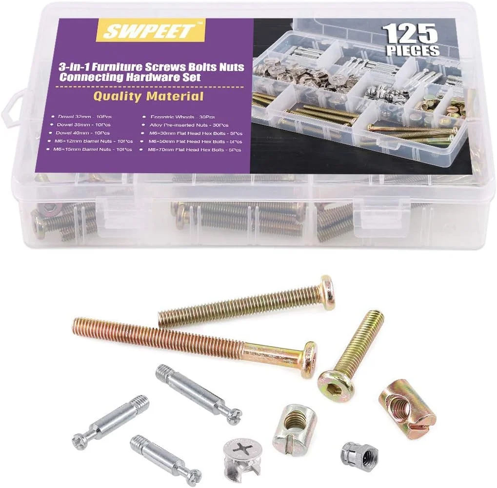 مجموعه اتصالات پیچ و مهره 125 عددی Swpeet 3 در 1 برای اتصال کابینت مبلمان، شامل اتصالات بادامکی با اتصالات غیرعادی مبلمان، اتصال جانبی مبلمان، مهره از پیش نصب شده، پیچ چرخ غیرعادی مجموعه اتصالات پیچ و مهره 125 عددی Swpeet 3 در 1 برای اتصال کابینت مبلمان، شامل اتصالات بادامکی با اتصالات غیرعادی مبلمان، اتصال جانبی مبلمان، مهره از پیش نصب شده، پیچ چرخ غیرعادی