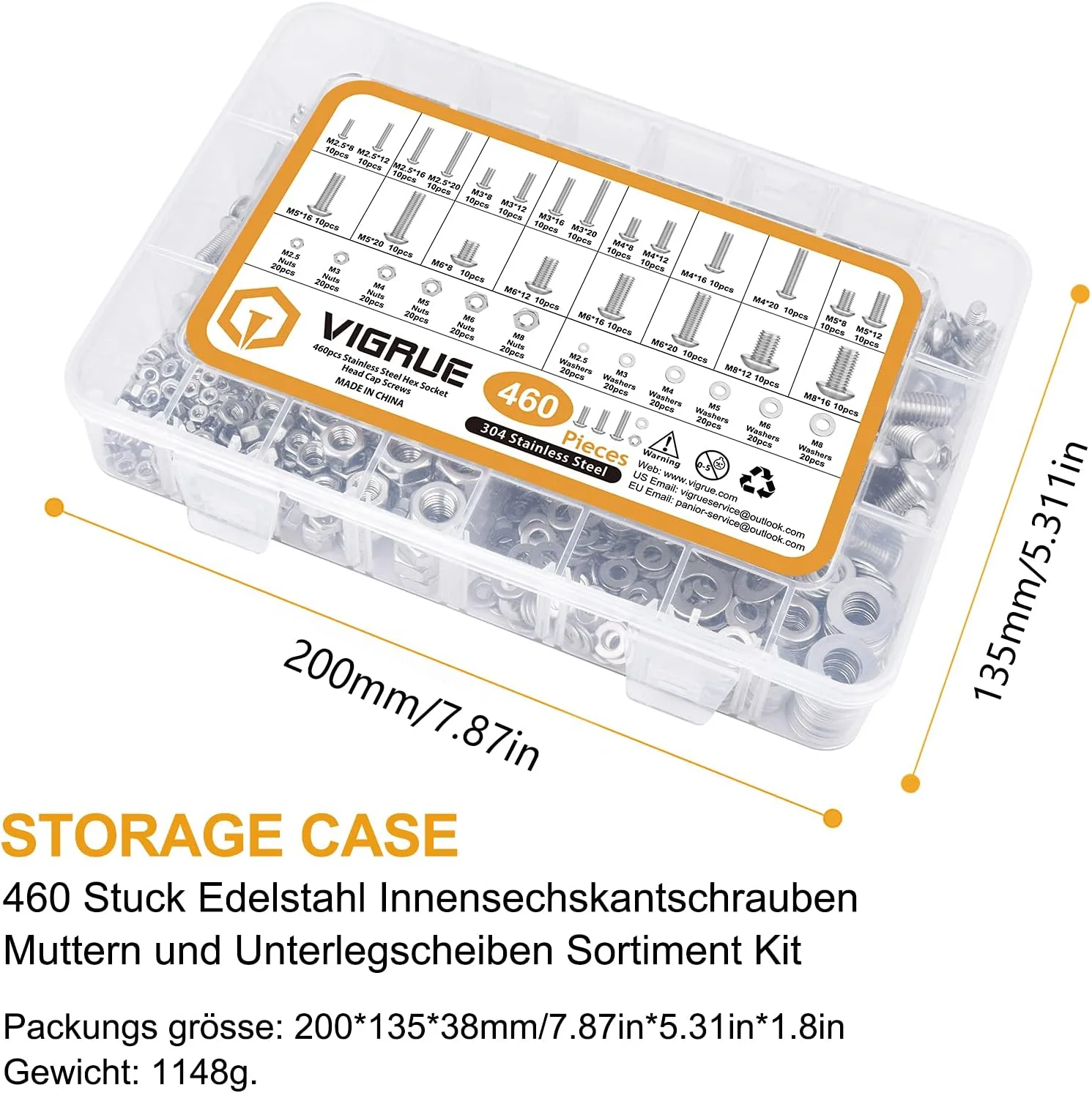 مجموعه 460 عددی پیچ و مهره VIGRUE، پیچ های سر شش گوش M2.5 M3 M4 M5 M6 M8، مجموعه پیچ، مهره و واشر استیل ضد زنگ با جعبه نگهداری و آچار مجموعه 460 عددی پیچ و مهره VIGRUE، پیچ های سر شش گوش M2.5 M3 M4 M5 M6 M8، مجموعه پیچ، مهره و واشر استیل ضد زنگ با جعبه نگهداری و آچار
