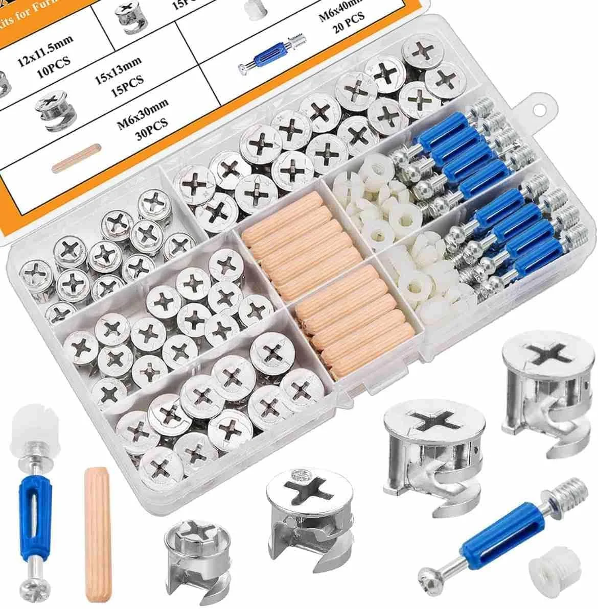 120Pcs Cam Locks for Furniture, 3-in-1 Eccentric Hardware Wheels, Multi-Size Nut & Bolt Fasteners, Wood Dowel Pins for Assembly & Repair, Durable Furniture Connectors, Assorted Kit for Assembly/Repair