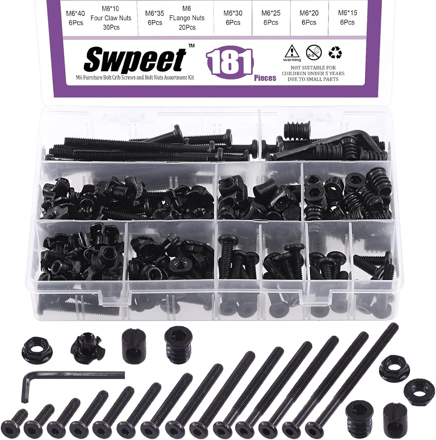 مجموعه 181 عددی پیچ و مهره تخت سر M6 x 15mm - 80mm مشکی زینک، پیچ‌های تخت خواب کودک و مهره‌های درج رزوه دار به همراه مهره‌های فلنج دار و کیت مهره‌های تی 4 شاخه با آچار آلن