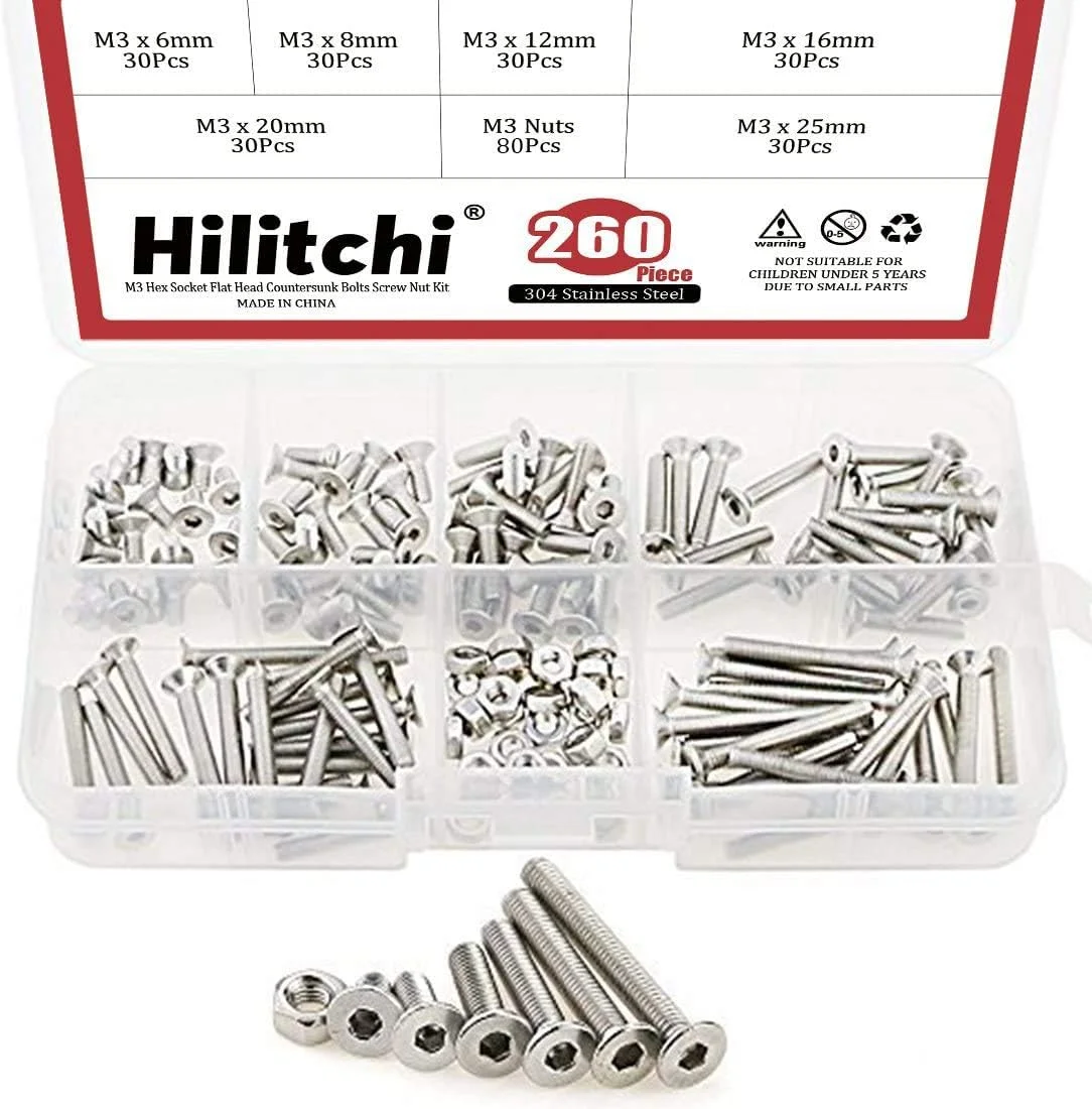 Hilitchi 260-Piece Metric M3 Hex Socket Flat Head Countersunk Bolts Screw Nut Assortment Kit - 304 Stainless Steel