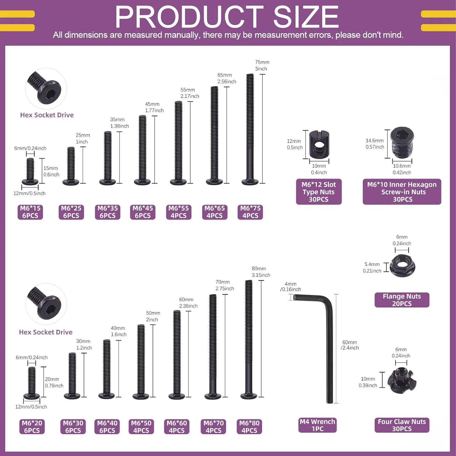 مجموعه 181 عددی پیچ و مهره تخت سر M6 x 15mm - 80mm مشکی زینک، پیچهای تخت خواب کودک و مهرههای درج رزوه دار به همراه مهرههای فلنج دار و کیت مهرههای تی 4 شاخه با آچار آلن مجموعه 181 عددی پیچ و مهره تخت سر M6 x 15mm - 80mm مشکی زینک، پیچهای تخت خواب کودک و مهرههای درج رزوه دار به همراه مهرههای فلنج دار و کیت مهرههای تی 4 شاخه با آچار آلن