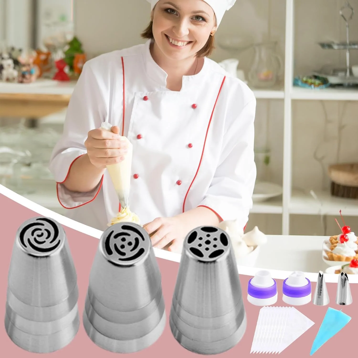 کیسه های قیف و ماسوره - مجموعه کیسه های ماسوره قابل استفاده مجدد با نوک های تزئین خامه، لوازم شیرینی پزی و تزئین کیک با کیفیت غذایی برای کیک، کاپ کیک، کلوچه و شیرینی کیسه های قیف و ماسوره - مجموعه کیسه های ماسوره قابل استفاده مجدد با نوک های تزئین خامه، لوازم شیرینی پزی و تزئین کیک با کیفیت غذایی برای کیک، کاپ کیک، کلوچه و شیرینی