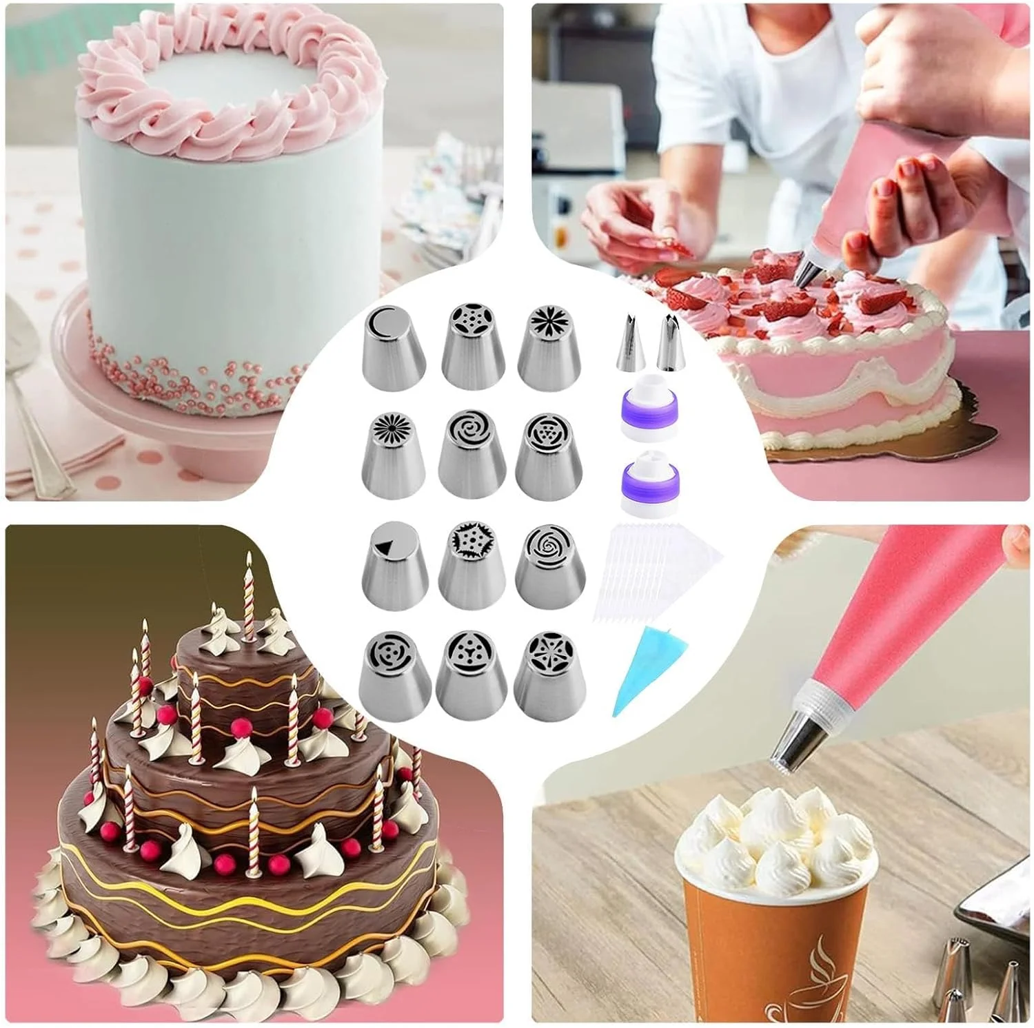 کیسه و سری های قیف خامه - مجموعه سری قیف خامه قابل استفاده مجدد، لوازم قنادی و تزیین کیک با گرید غذایی برای کیک، کاپ کیک، کلوچه، شیرینی