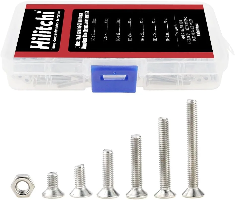 Hilitchi 260-Piece Metric M3 Hex Socket Flat Head Countersunk Bolts Screw Nut Assortment Kit - 304 Stainless Steel Hilitchi 260-Piece Metric M3 Hex Socket Flat Head Countersunk Bolts Screw Nut Assortment Kit - 304 Stainless Steel