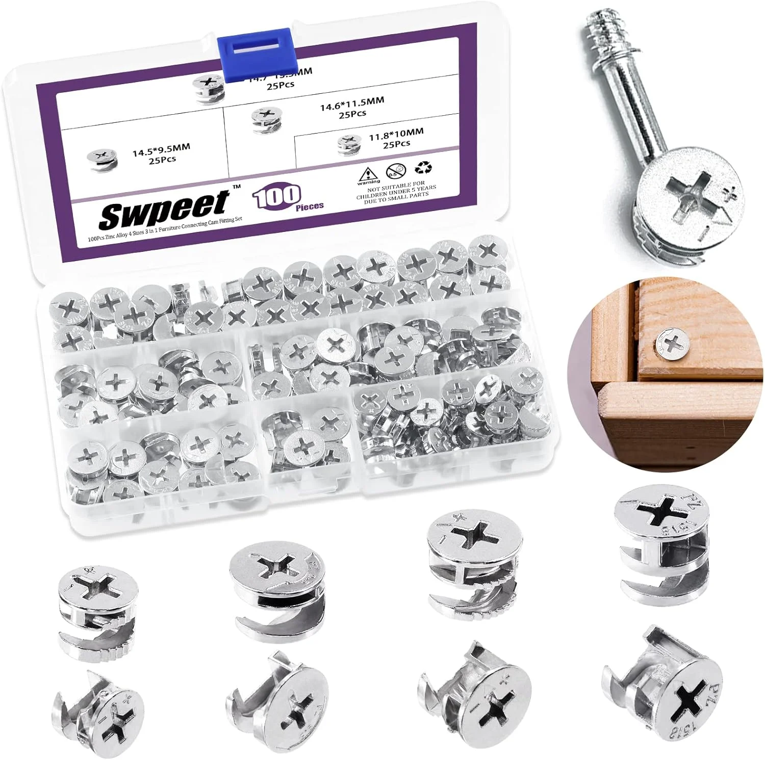 مجموعه اتصالات قفل بادامکی اتصال دهنده مبلمان Swpeet شامل 100 عدد در 4 سایز مختلف، اتصالات کابینت، پیچ و مهره های سخت افزاری، مهره قفل اتصال دهنده مبلمان برای کمد، تخت خواب و اتصال مبلمان