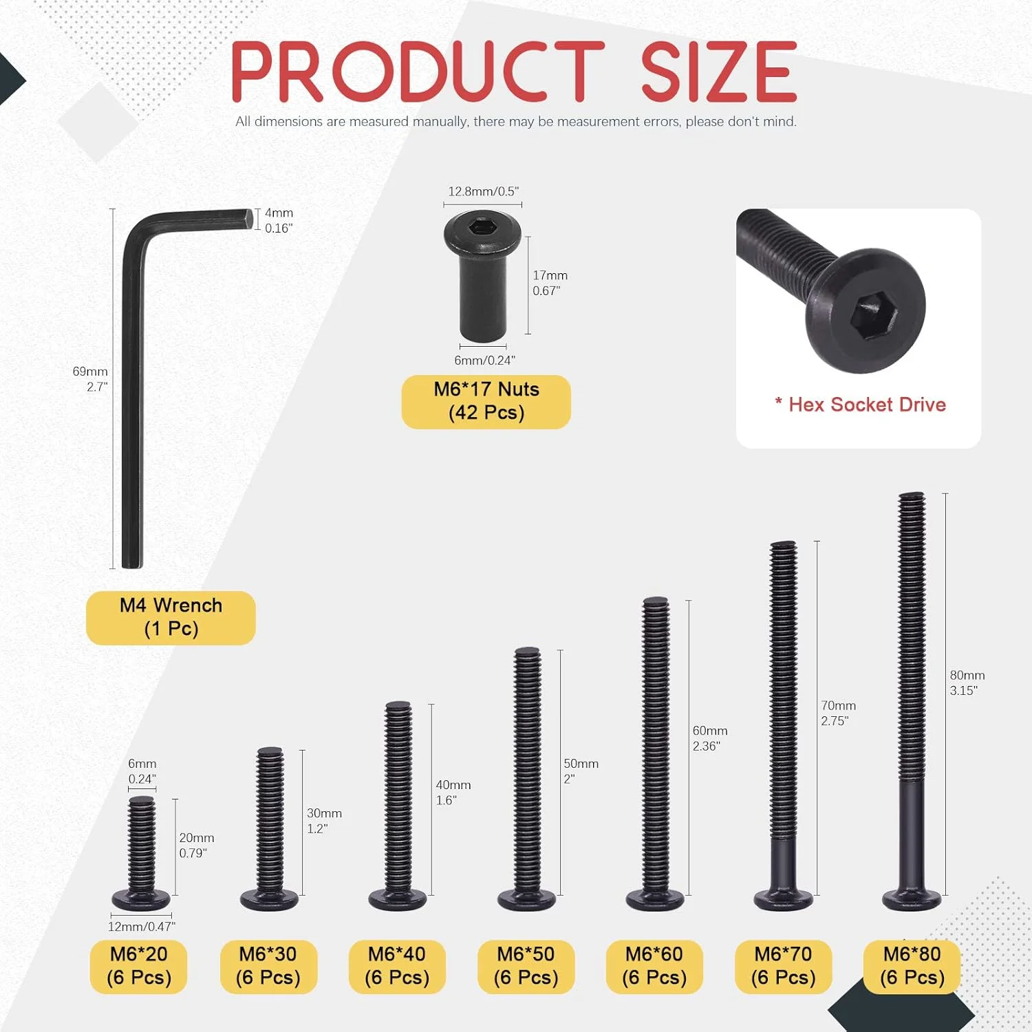 مجموعه 84 عددی پیچ و مهره سر استوانه ای M6 Hilitchi با سر خزینه و سوکت شش گوش، شامل پیچ، مهره استوانه ای، مهره های مخصوص تخت نوزاد و اتصالات سخت افزاری مبلمان (20/30/40/50/60/70/80 میلی متر) مجموعه 84 عددی پیچ و مهره سر استوانه ای M6 Hilitchi با سر خزینه و سوکت شش گوش، شامل پیچ، مهره استوانه ای، مهره های مخصوص تخت نوزاد و اتصالات سخت افزاری مبلمان (20/30/40/50/60/70/80 میلی متر)