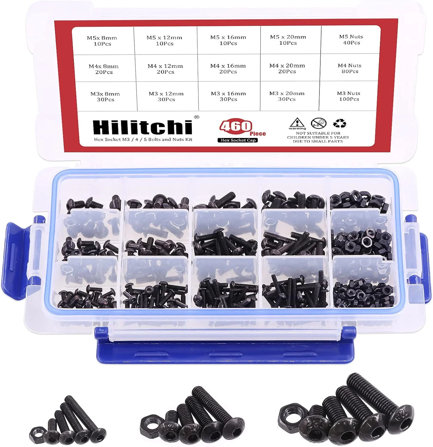 مجموعه پیچ و مهره 460 عددی Hilitchi M3 M4 M5 با سر دکمه ای و سوکت شش گوش - فولاد آلیاژی گرید 10.9