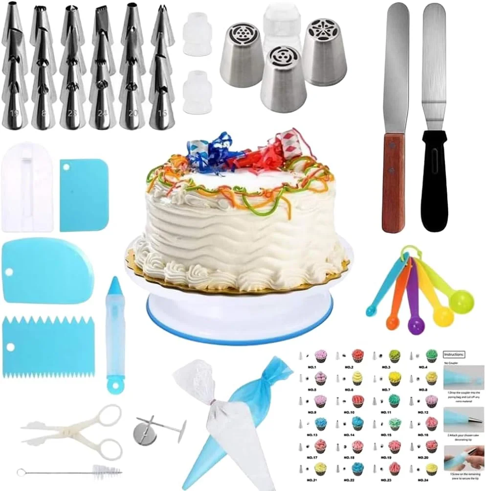 ست 75 تکه لوازم تزئین کیک و پنکیک، کیت تزئین کاپ کیک، لوازم جانبی پخت - پایه گردان، کیسه ماسوره/قیف، نازل شیرینی پزی، لیسک صاف و مبدل ابزار شیرینی پزی