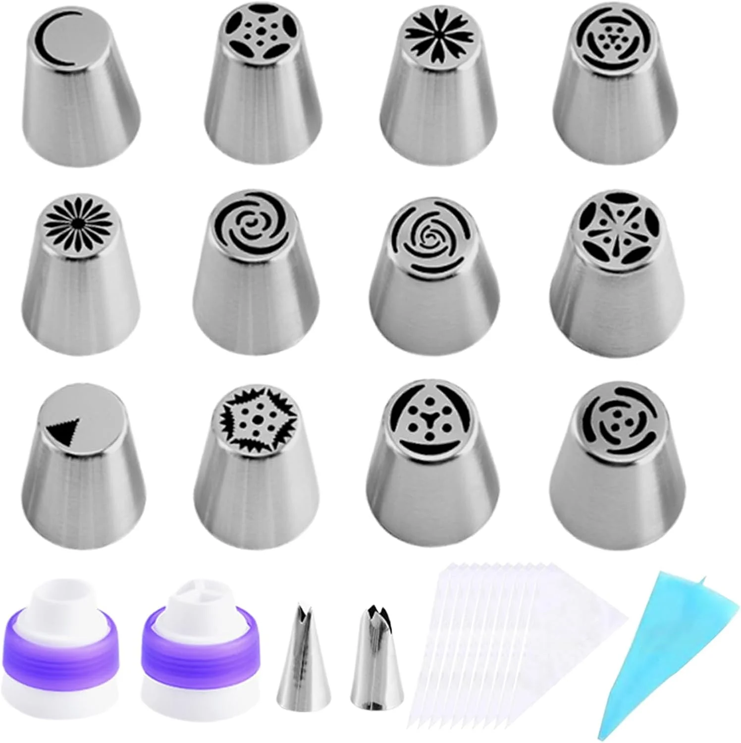 کیسه و سری های قیف خامه - مجموعه سری قیف خامه قابل استفاده مجدد، لوازم قنادی و تزیین کیک با گرید غذایی برای کیک، کاپ کیک، کلوچه، شیرینی