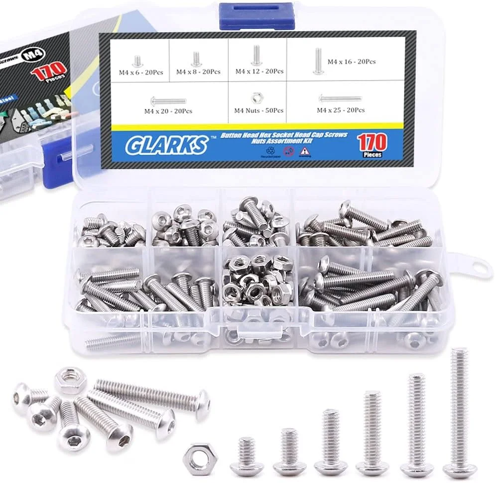 Glarks 170 عددی پیچ و مهره استیل ضد زنگ M4 آلن با سر دکمه ای