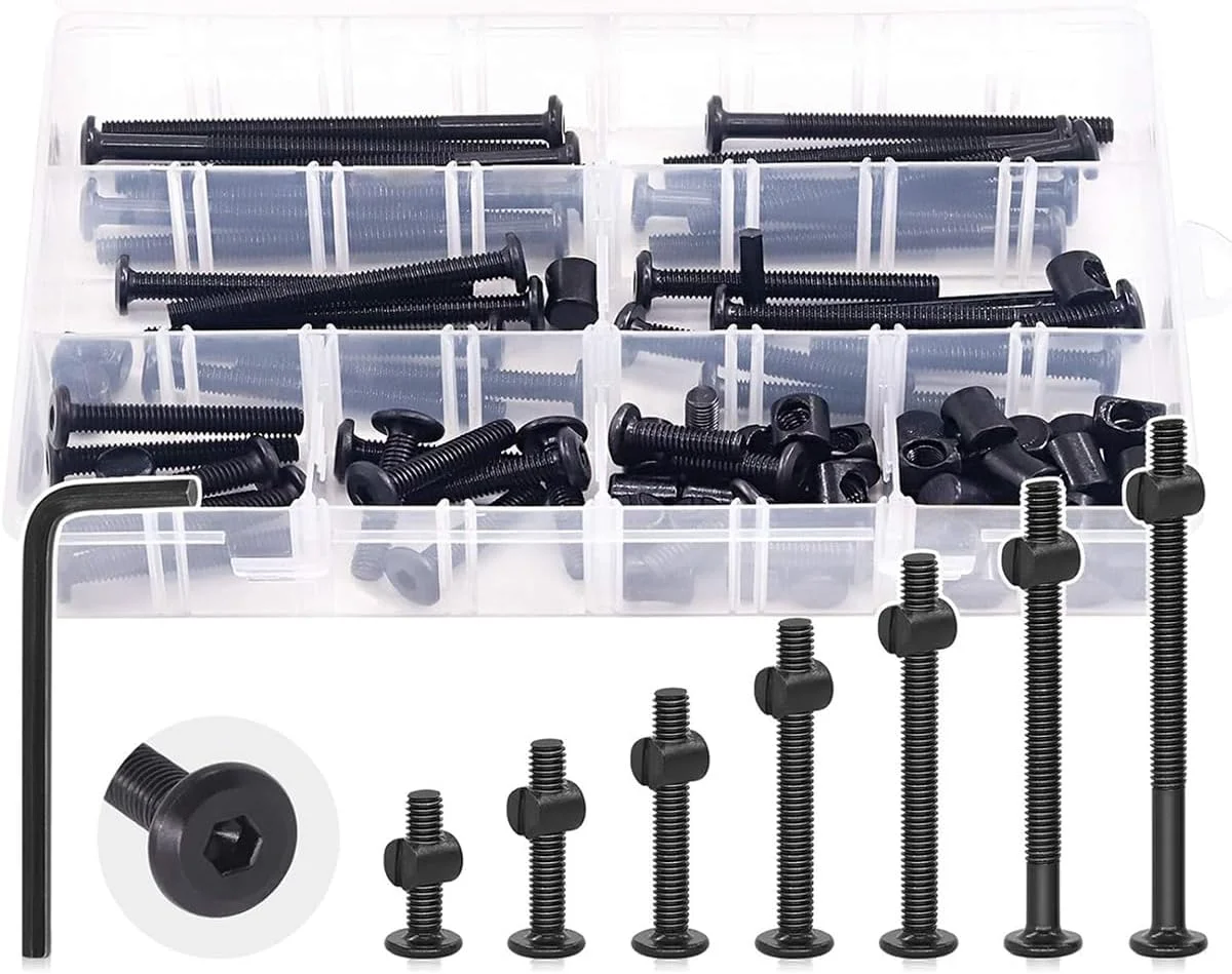 مجموعه پیچ و مهره 141 عددی JOEJNCED برای تخت خواب، پیچ های آلن M6 مشکی، مهره های استوانه ای، مناسب برای مبلمان، تخت خواب نوزاد، پیچ و مهره، صندلی، میز و کابینت