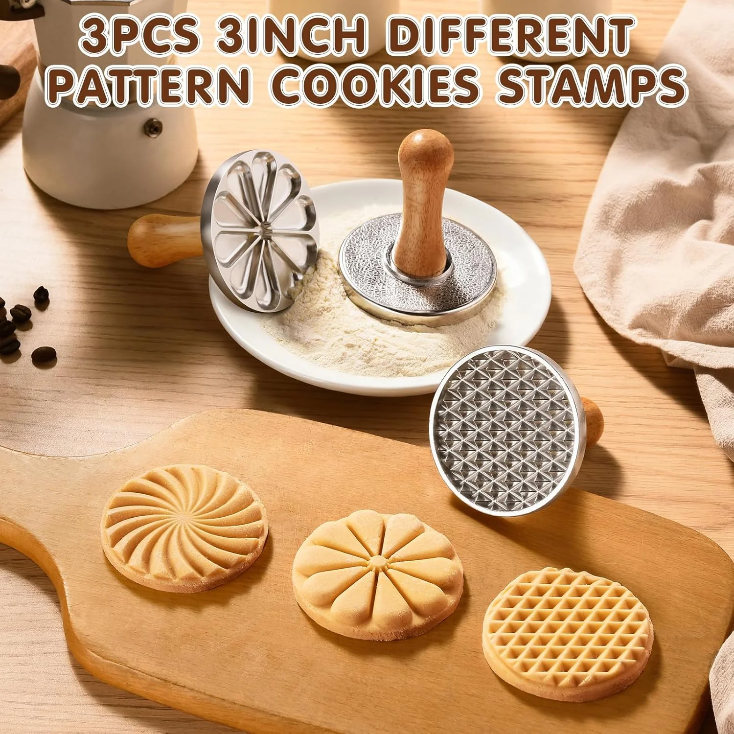 مجموعه مهر کوکی اوپین، شامل 3 عدد قالب برش کوکی فلزی با دسته چوبی، لوازم تزئین کوکی برای پخت خانگی، کیک، شیرینی، بسته هدیه