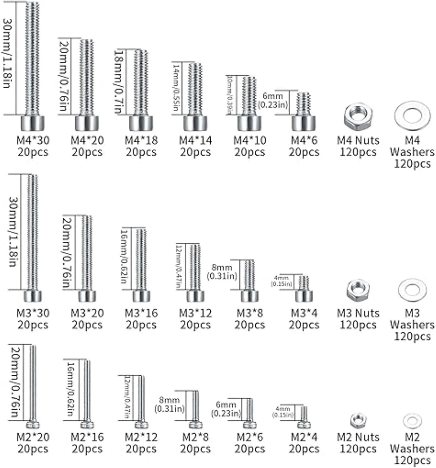 پیچ آلن سر استوانه ای ALMEKAQUZ، مجموعه پیچ، مهره و واشر M2 M3 M4، استیل ضد زنگ 304، کیت پیچ آلن با 3 آچار، مجموعه مهره و پیچ (بسته 1080 عددی)