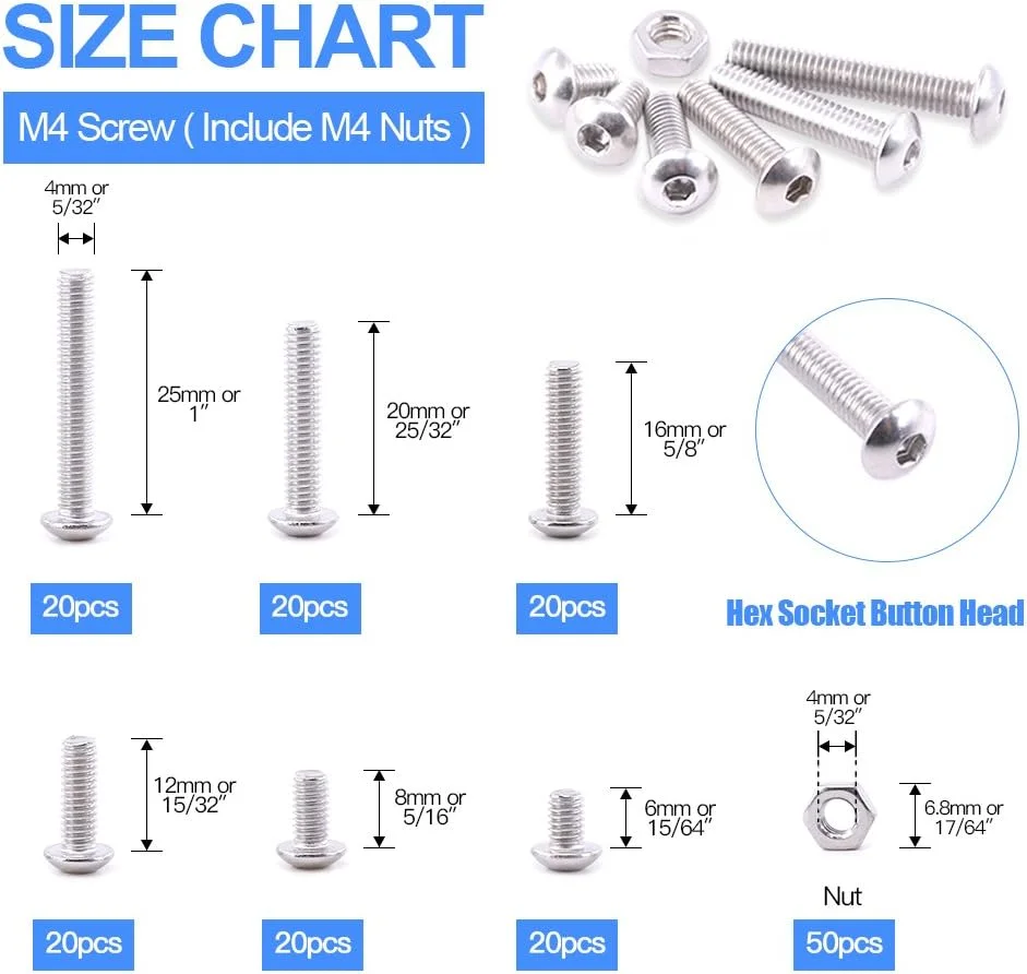 Glarks 170 عددی پیچ و مهره استیل ضد زنگ M4 آلن با سر دکمه ای Glarks 170 عددی پیچ و مهره استیل ضد زنگ M4 آلن با سر دکمه ای