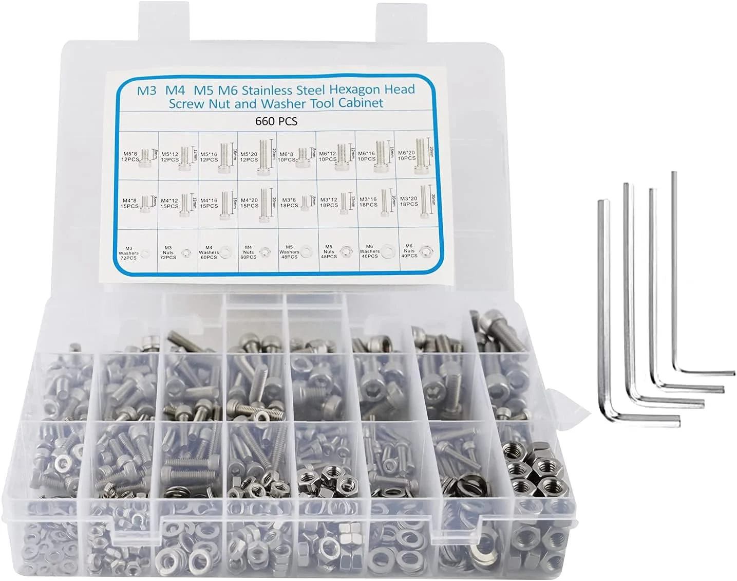 مجموعه 660 عددی پیچ و مهره AETTL، استیل ضد زنگ 304، متریک دقیق M3 M4 M5 M6 شامل پیچ، مهره، واشر و آچار