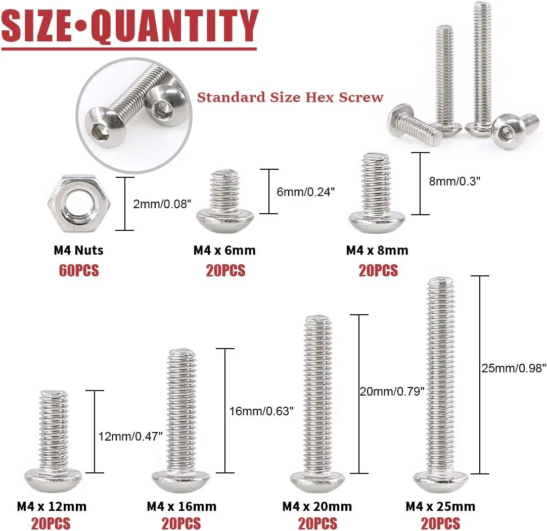 مجموعه 180 عددی پیچ و مهره استیل ضد زنگ با سر دکمه ای و سوکت شش گوش هیلیچی [M4]