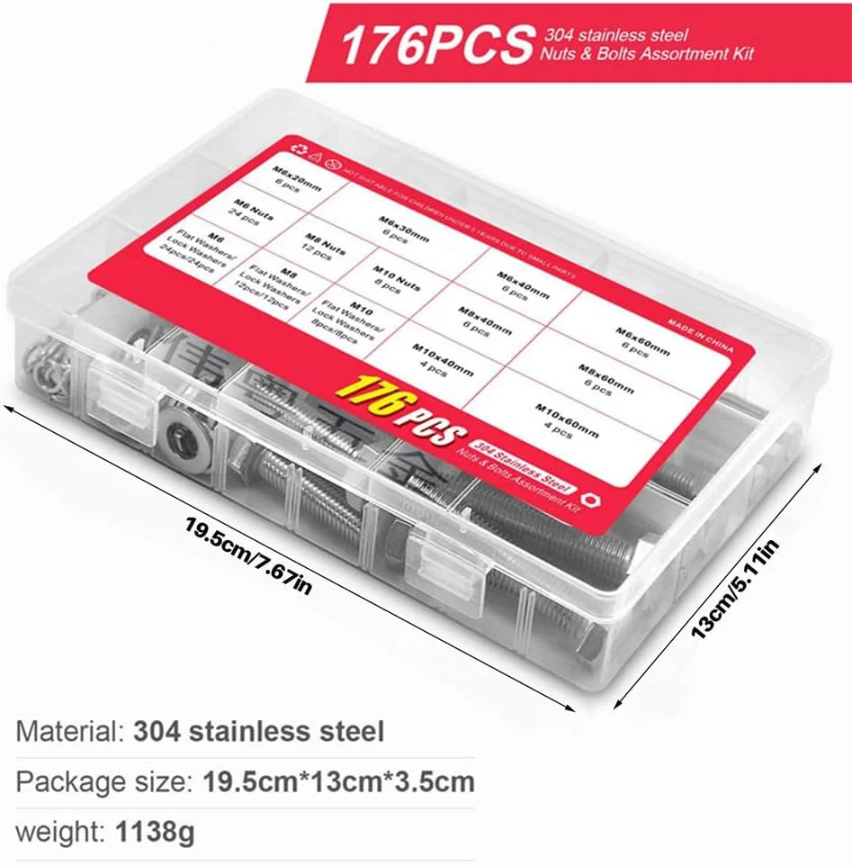 مجموعه 176 عددی پیچ و مهره، مهره های ماشینی متریک و واشرهای تخت، مجموعه مهره های شش گوش سر تخت M6/M8/M10، کیت پیچ و مهره فولاد ضد زنگ 304 مجموعه 176 عددی پیچ و مهره، مهره های ماشینی متریک و واشرهای تخت، مجموعه مهره های شش گوش سر تخت M6/M8/M10، کیت پیچ و مهره فولاد ضد زنگ 304