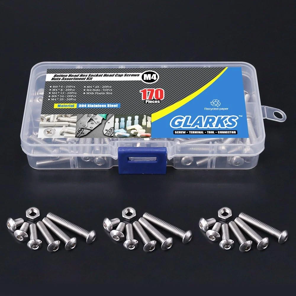 Glarks 170 عددی پیچ و مهره استیل ضد زنگ M4 آلن با سر دکمه ای Glarks 170 عددی پیچ و مهره استیل ضد زنگ M4 آلن با سر دکمه ای
