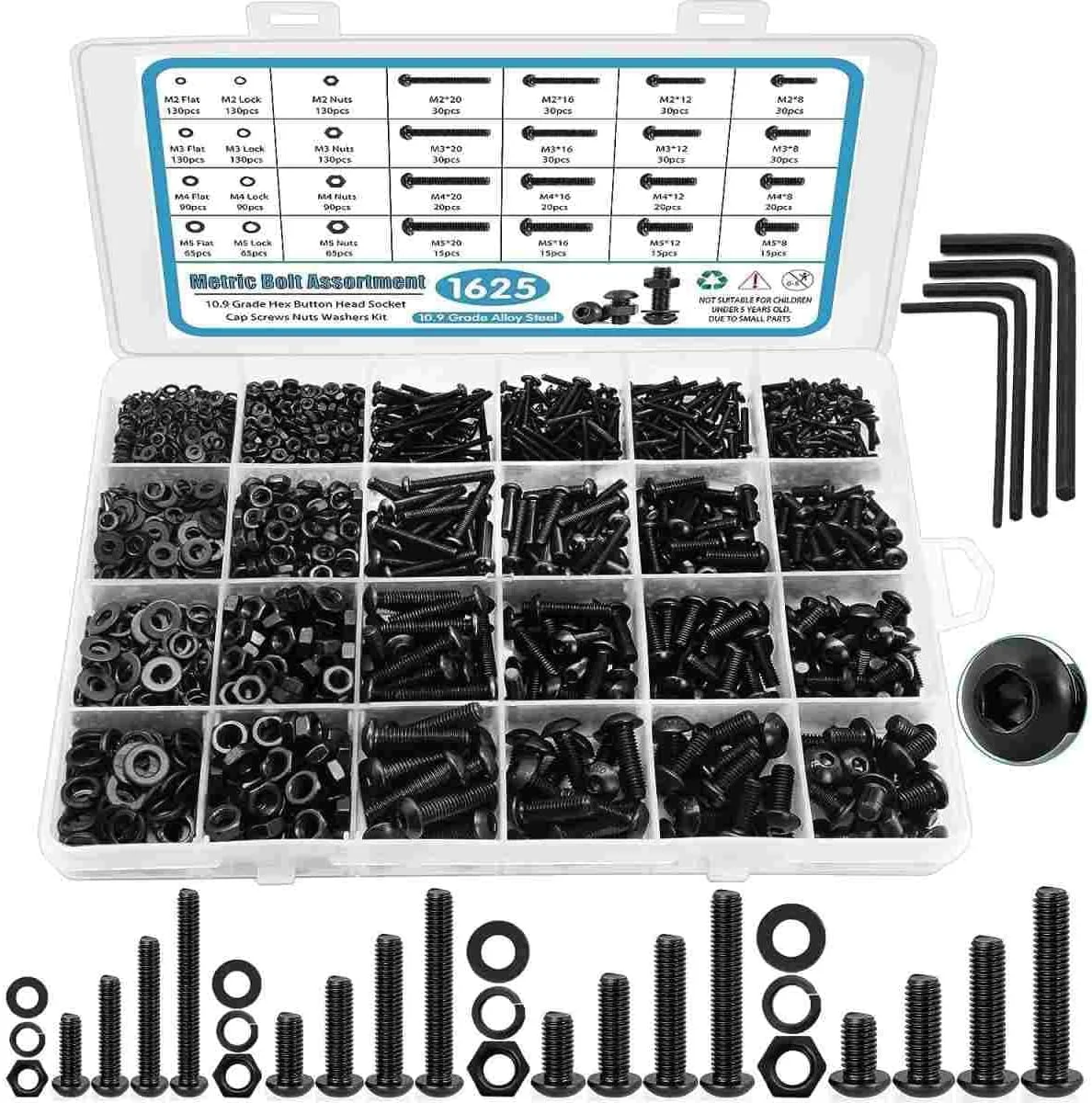 مجموعه 1625 عددی مهره و پیچ M2 M3 M4 M5، پیچ و مهره های فولادی کربنی با سر سوکت شش گوش، کیت متنوع پیچ و مهره های ماشین با 4 عدد آچار آلن
