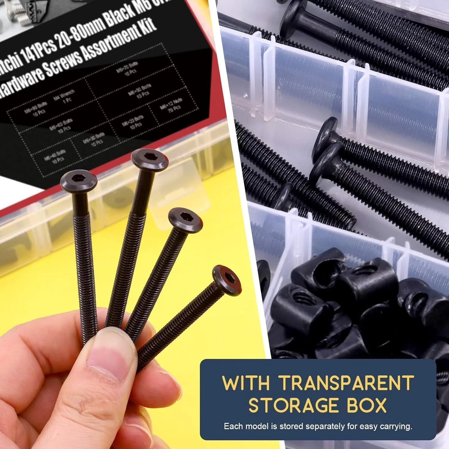 مجموعه پیچ و مهره 141 عددی JOEJNCED برای تخت خواب، پیچ های آلن M6 مشکی، مهره های استوانه ای، مناسب برای مبلمان، تخت خواب نوزاد، پیچ و مهره، صندلی، میز و کابینت مجموعه پیچ و مهره 141 عددی JOEJNCED برای تخت خواب، پیچ های آلن M6 مشکی، مهره های استوانه ای، مناسب برای مبلمان، تخت خواب نوزاد، پیچ و مهره، صندلی، میز و کابینت