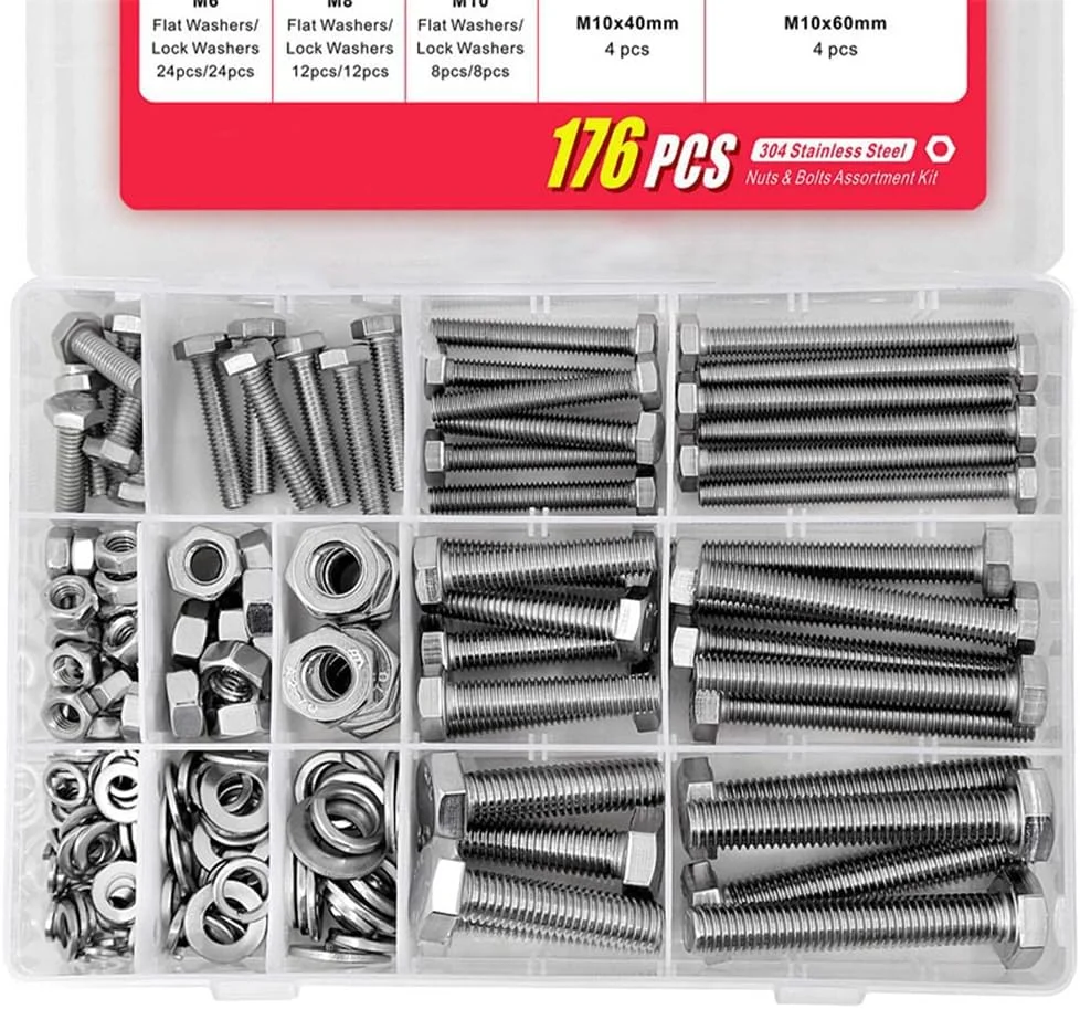مجموعه 176 عددی پیچ و مهره، مهره های ماشینی متریک و واشرهای تخت، مجموعه مهره های شش گوش سر تخت M6/M8/M10، کیت پیچ و مهره فولاد ضد زنگ 304 مجموعه 176 عددی پیچ و مهره، مهره های ماشینی متریک و واشرهای تخت، مجموعه مهره های شش گوش سر تخت M6/M8/M10، کیت پیچ و مهره فولاد ضد زنگ 304