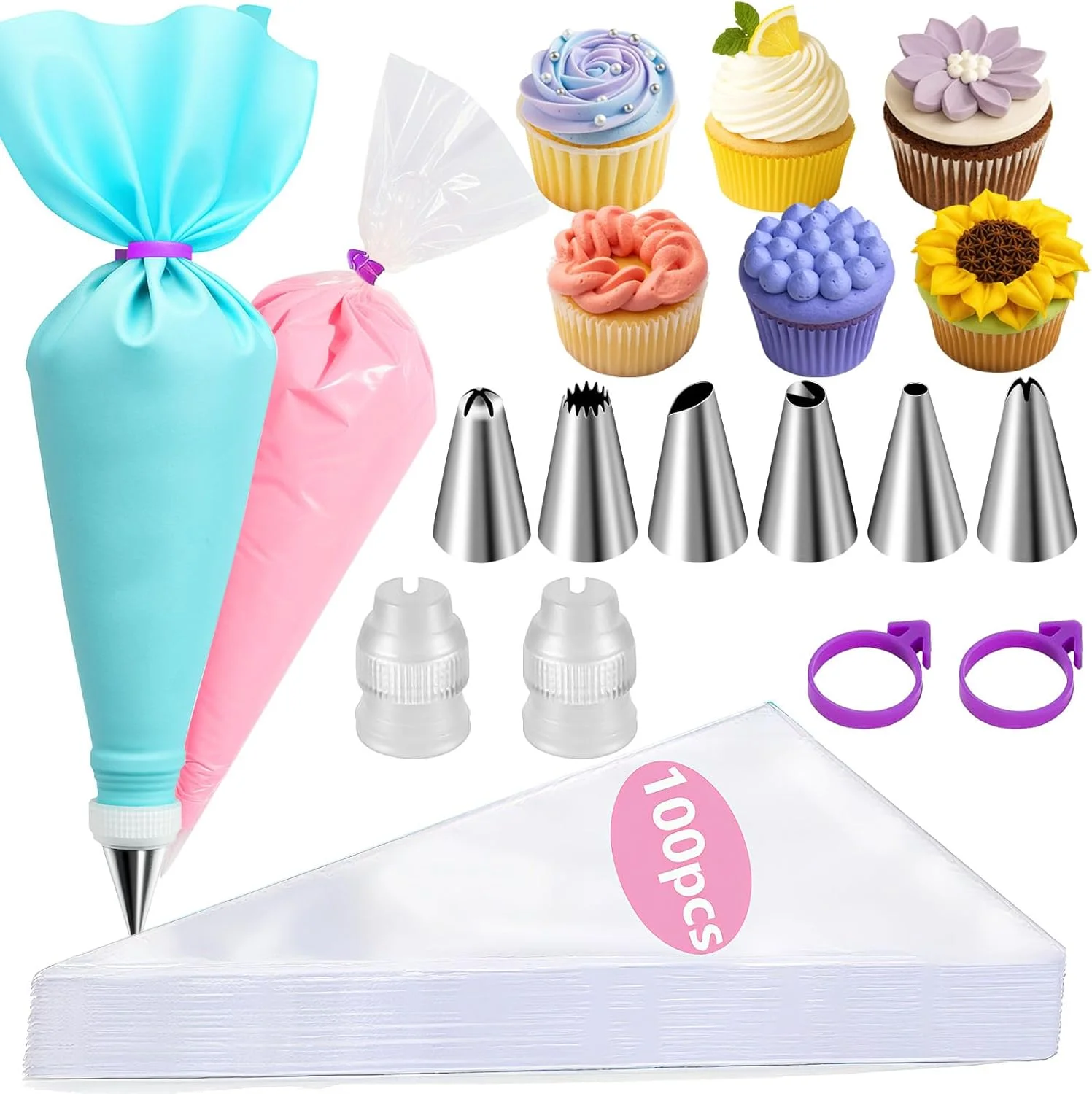 مجموعه کیسه و ماسوره قنادی NOVANO، کیت لوازم تزئین کیک با 100 عدد کیسه شیرینی پزی 12 اینچی، 6 ماسوره قنادی، 1 کیسه شیرینی پزی قابل استفاده مجدد، 2 اتصال دهنده و 2 بست کیسه آیسینگ، مجموعه پخت ساده و راحت