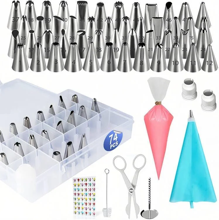 مجموعه 74 عددی نازل های ماسوره نالاینا، مجموعه تزئین کیک - نازل های استیل و کیسه شیرینی پزی قابل استفاده مجدد و کیسه شیرینی پزی یکبار مصرف برای کلوچه، کیک، لوازم پخت، مبتدیان