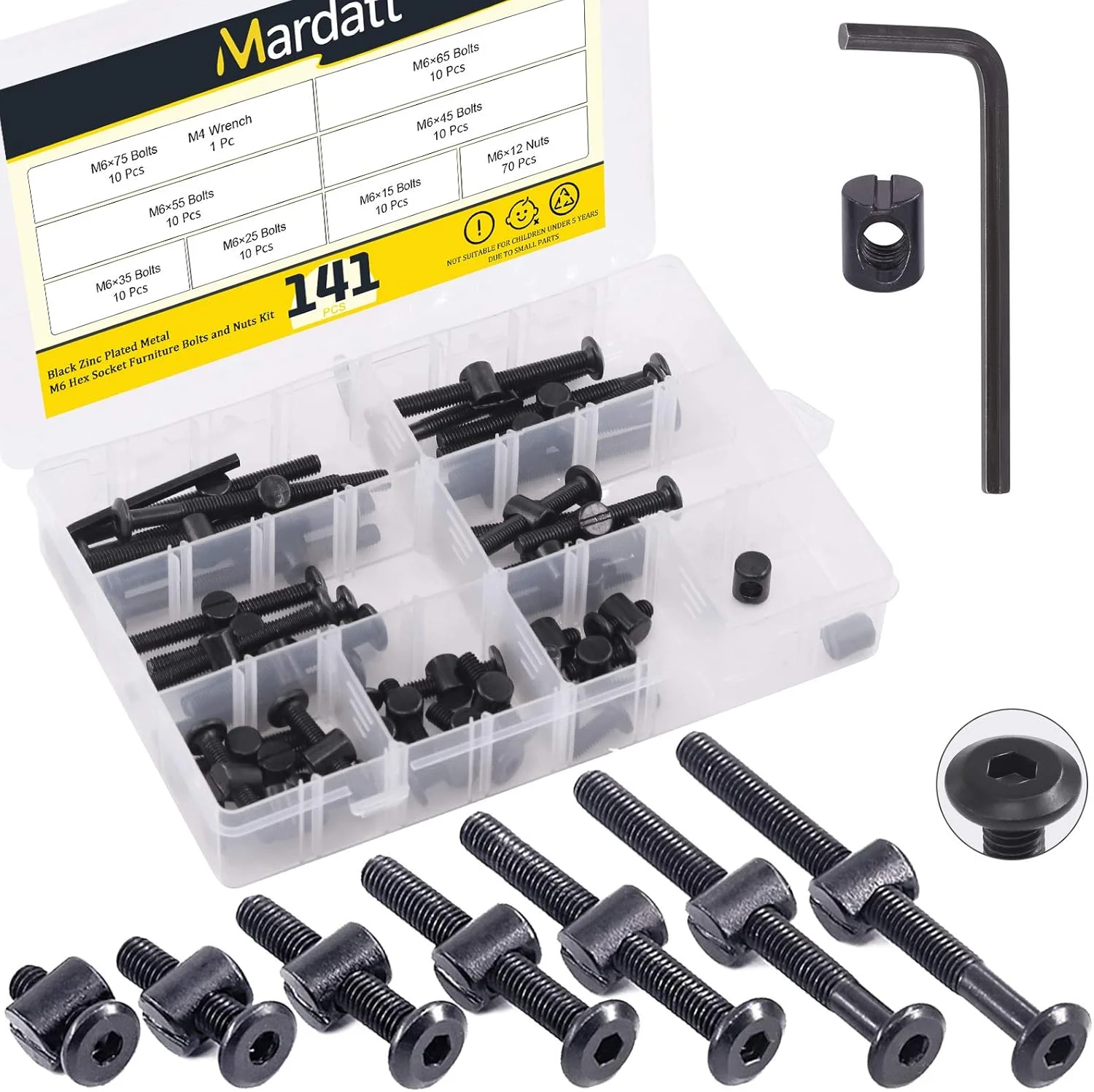 ماردات 140 عددی پیچ تخت خواب M6، کیت جایگزینی سخت افزار، پیچ های سوکت شش گوش مشکی، پیچ های تخت خواب و مهره های استوانه ای، کیت متنوع میله های متقاطع M6x15/25/35/45/55/65/75 میلی متر برای مبلمان ماردات 140 عددی پیچ تخت خواب M6، کیت جایگزینی سخت افزار، پیچ های سوکت شش گوش مشکی، پیچ های تخت خواب و مهره های استوانه ای، کیت متنوع میله های متقاطع M6x15/25/35/45/55/65/75 میلی متر برای مبلمان