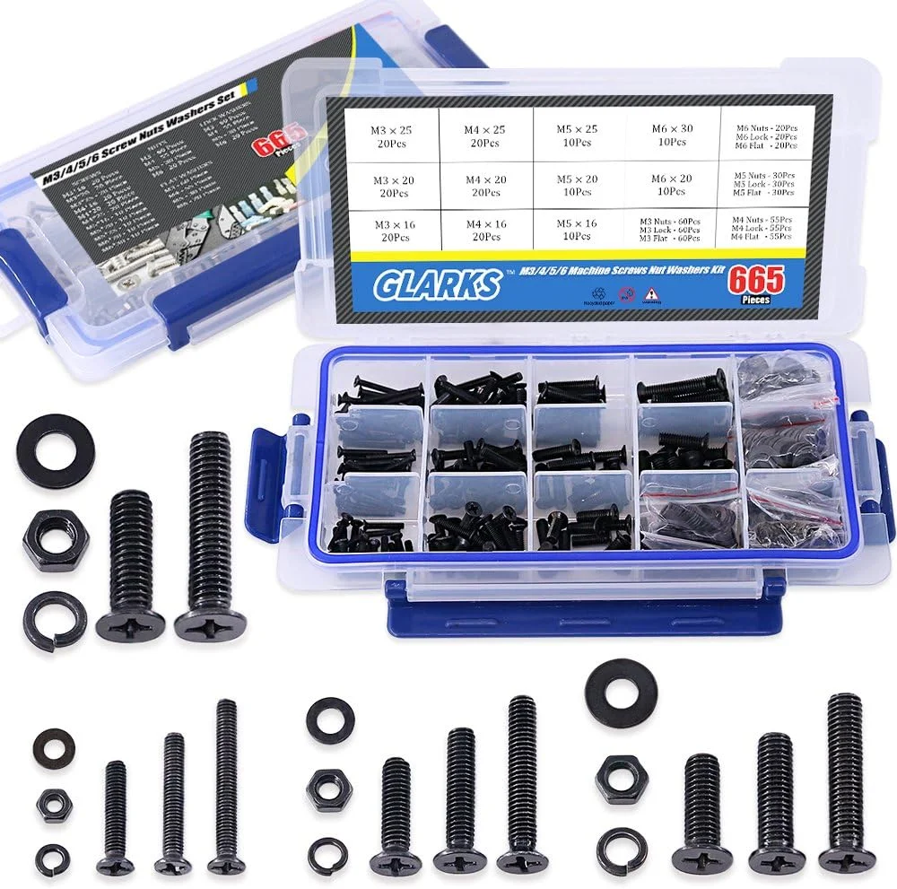 مجموعه پیچ و مهره و واشر فنری Glarks شامل 665 عدد پیچ ماشینی سر تخت فولادی آلیاژی، مهره و واشر تخت، رزوه کامل، پوشش اکسید سیاه مجموعه پیچ و مهره و واشر فنری Glarks شامل 665 عدد پیچ ماشینی سر تخت فولادی آلیاژی، مهره و واشر تخت، رزوه کامل، پوشش اکسید سیاه