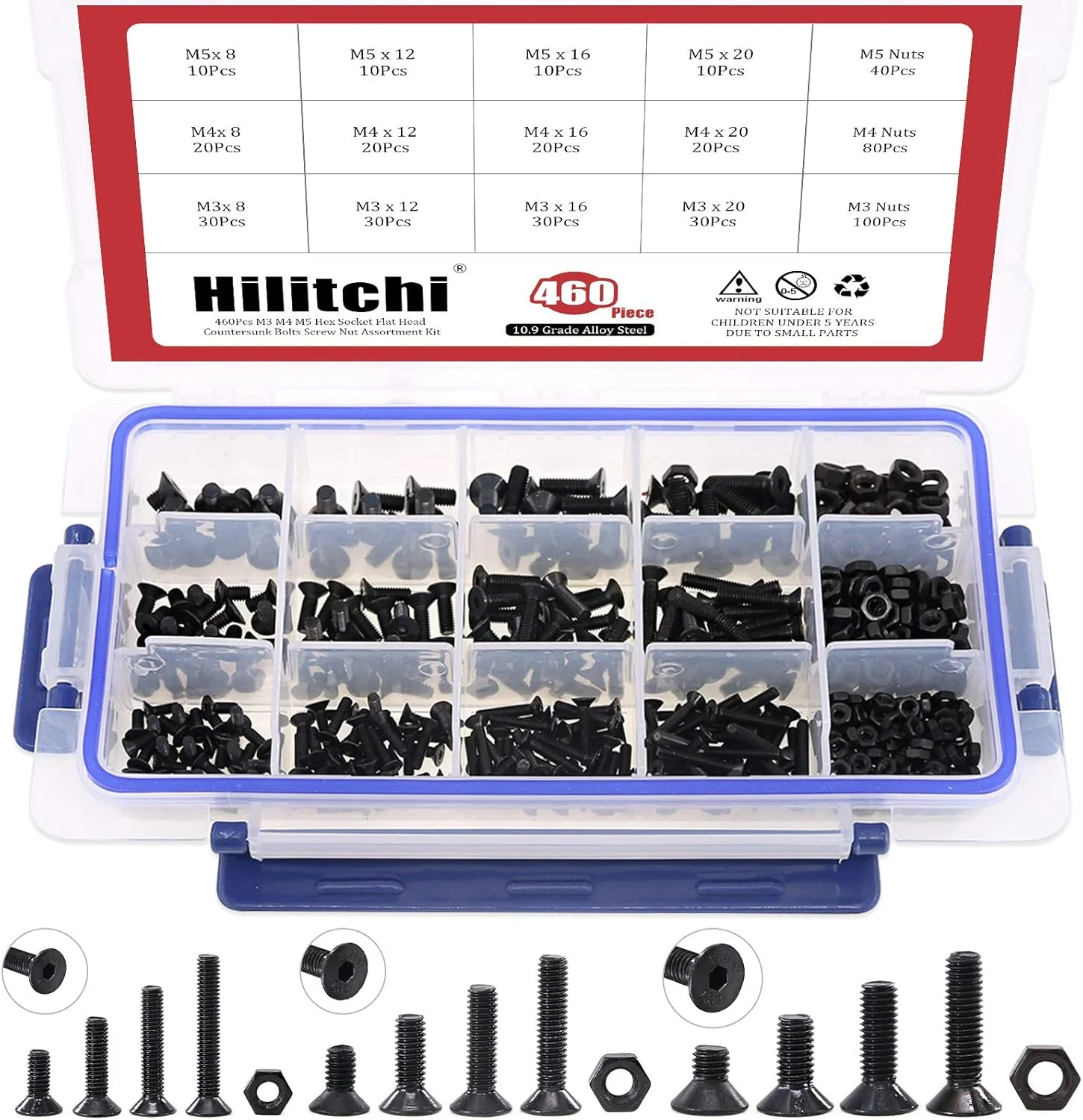 مجموعه پیچ و مهره 460 عددی Hilitchi M3 M4 M5 با سر شش گوش و آلیاژ فولادی گرید 12.9 مدل HFSY-460 مجموعه پیچ و مهره 460 عددی Hilitchi M3 M4 M5 با سر شش گوش و آلیاژ فولادی گرید 12.9 مدل HFSY-460