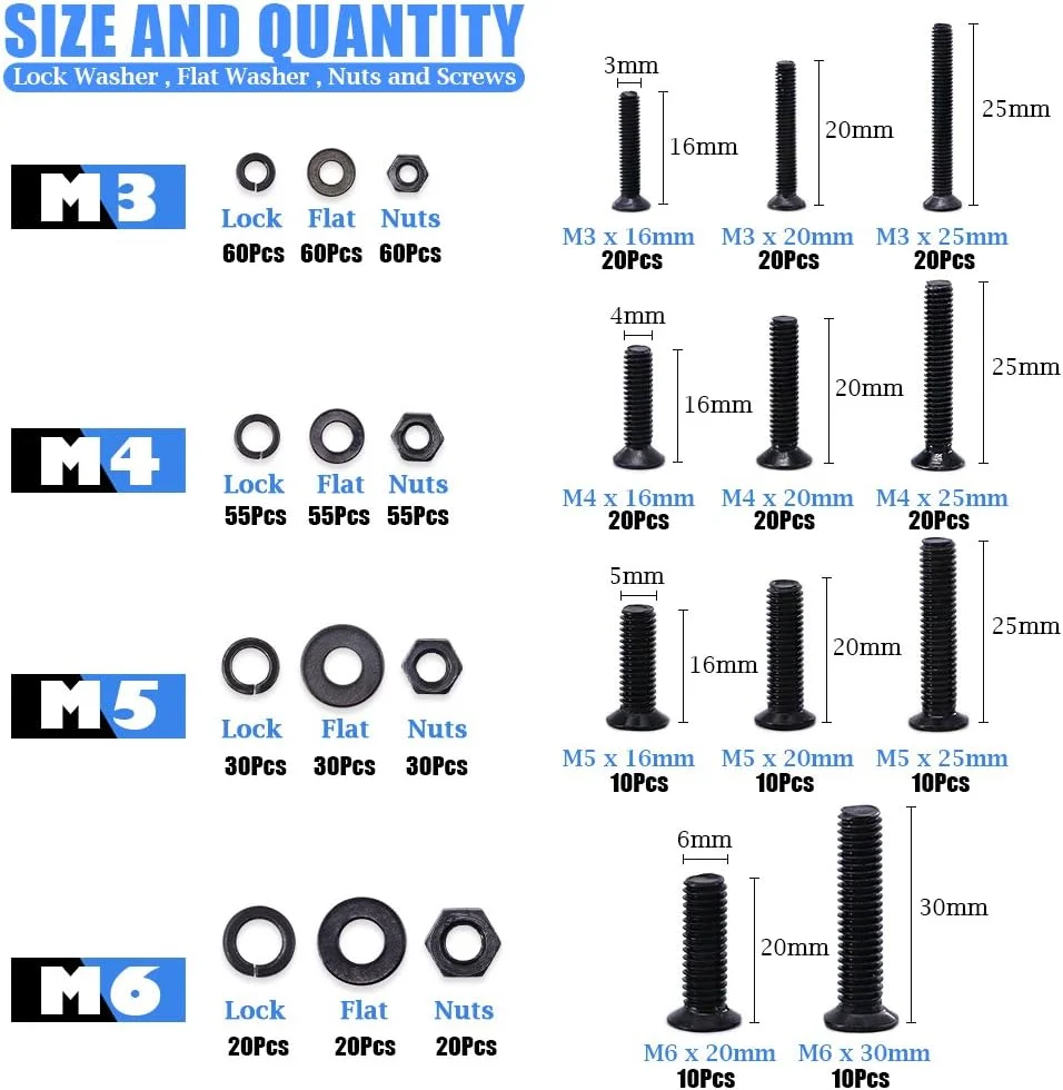 مجموعه پیچ و مهره و واشر فنری Glarks شامل 665 عدد پیچ ماشینی سر تخت فولادی آلیاژی، مهره و واشر تخت، رزوه کامل، پوشش اکسید سیاه مجموعه پیچ و مهره و واشر فنری Glarks شامل 665 عدد پیچ ماشینی سر تخت فولادی آلیاژی، مهره و واشر تخت، رزوه کامل، پوشش اکسید سیاه