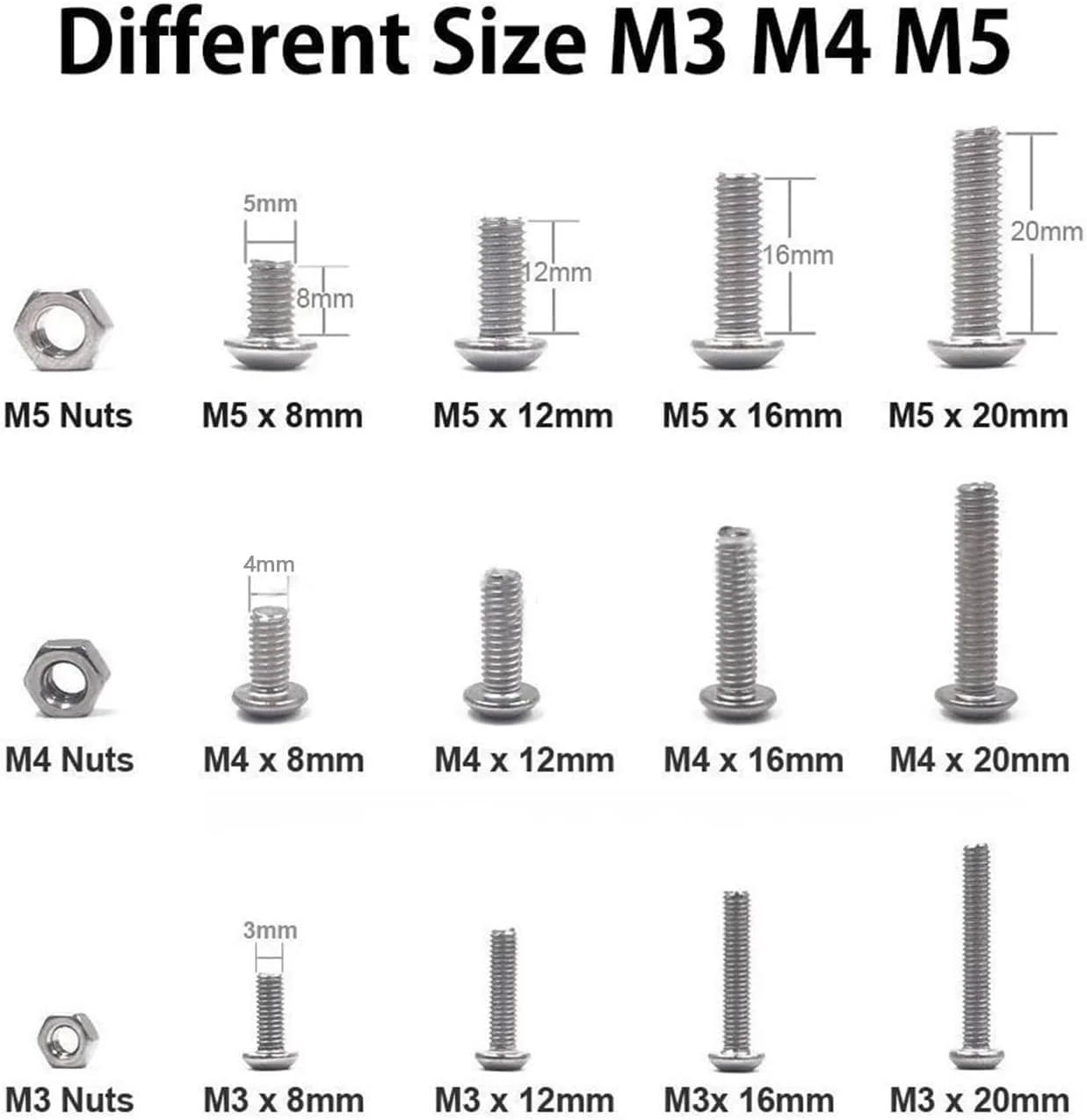 مجموعه 500 عددی مهره و پیچ، کیت پیچ های سر استوانه ای با سوکت شش گوش فولاد ضد زنگ 304، کیت متنوع سخت افزار بست رزوه M3/M4/M5 با جعبه، نقره ای