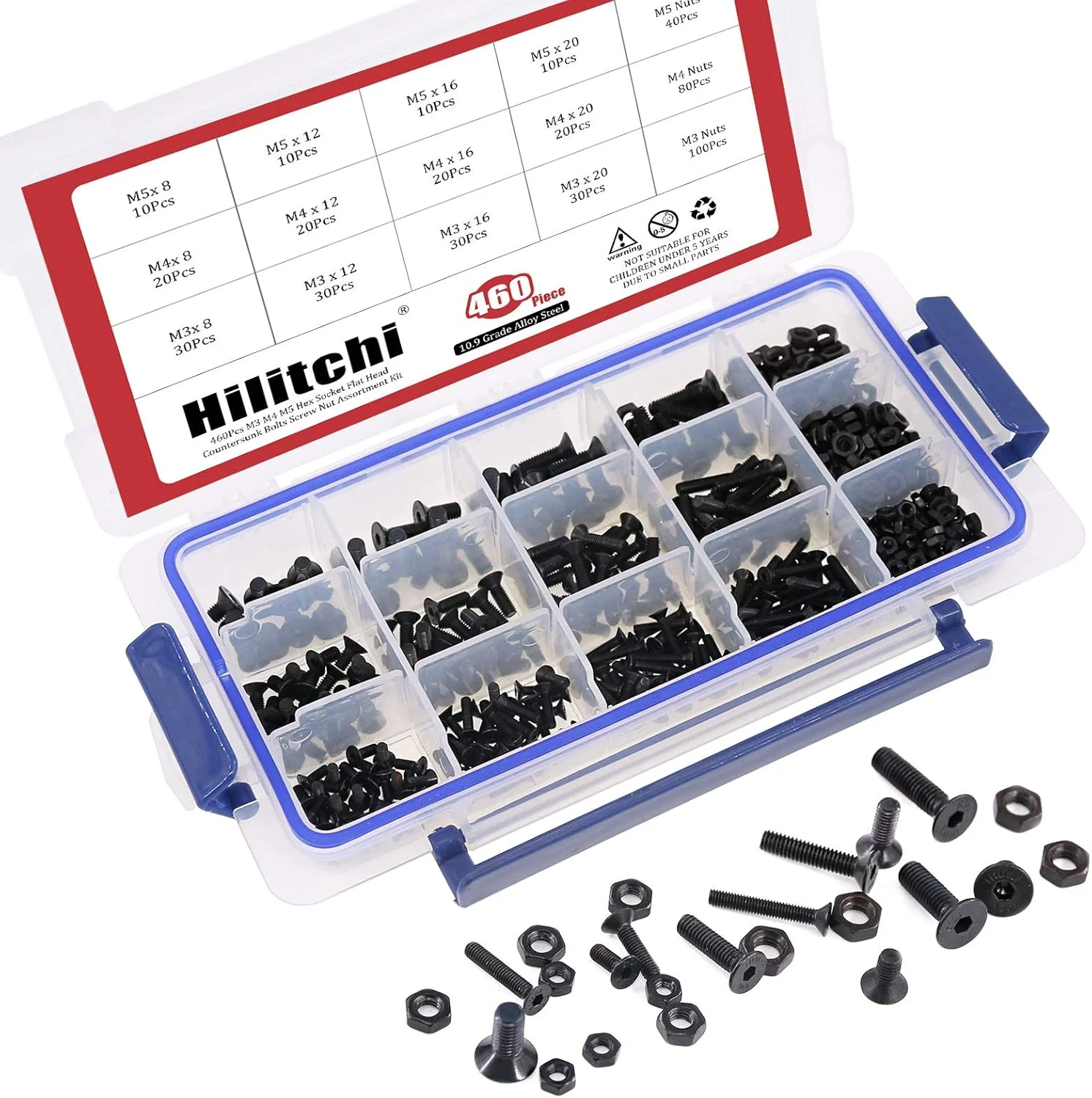 مجموعه پیچ و مهره 460 عددی Hilitchi M3 M4 M5 با سر شش گوش و آلیاژ فولادی گرید 12.9 مدل HFSY-460