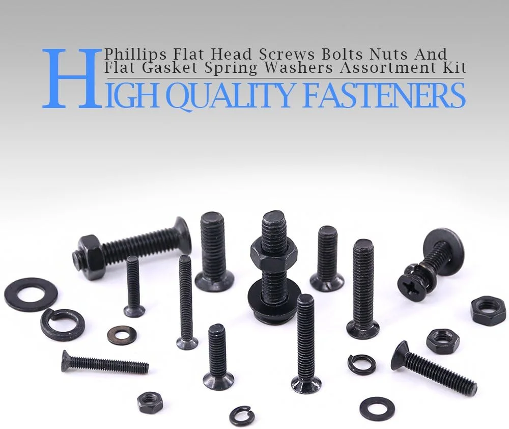 مجموعه پیچ و مهره و واشر فنری Glarks شامل 665 عدد پیچ ماشینی سر تخت فولادی آلیاژی، مهره و واشر تخت، رزوه کامل، پوشش اکسید سیاه مجموعه پیچ و مهره و واشر فنری Glarks شامل 665 عدد پیچ ماشینی سر تخت فولادی آلیاژی، مهره و واشر تخت، رزوه کامل، پوشش اکسید سیاه