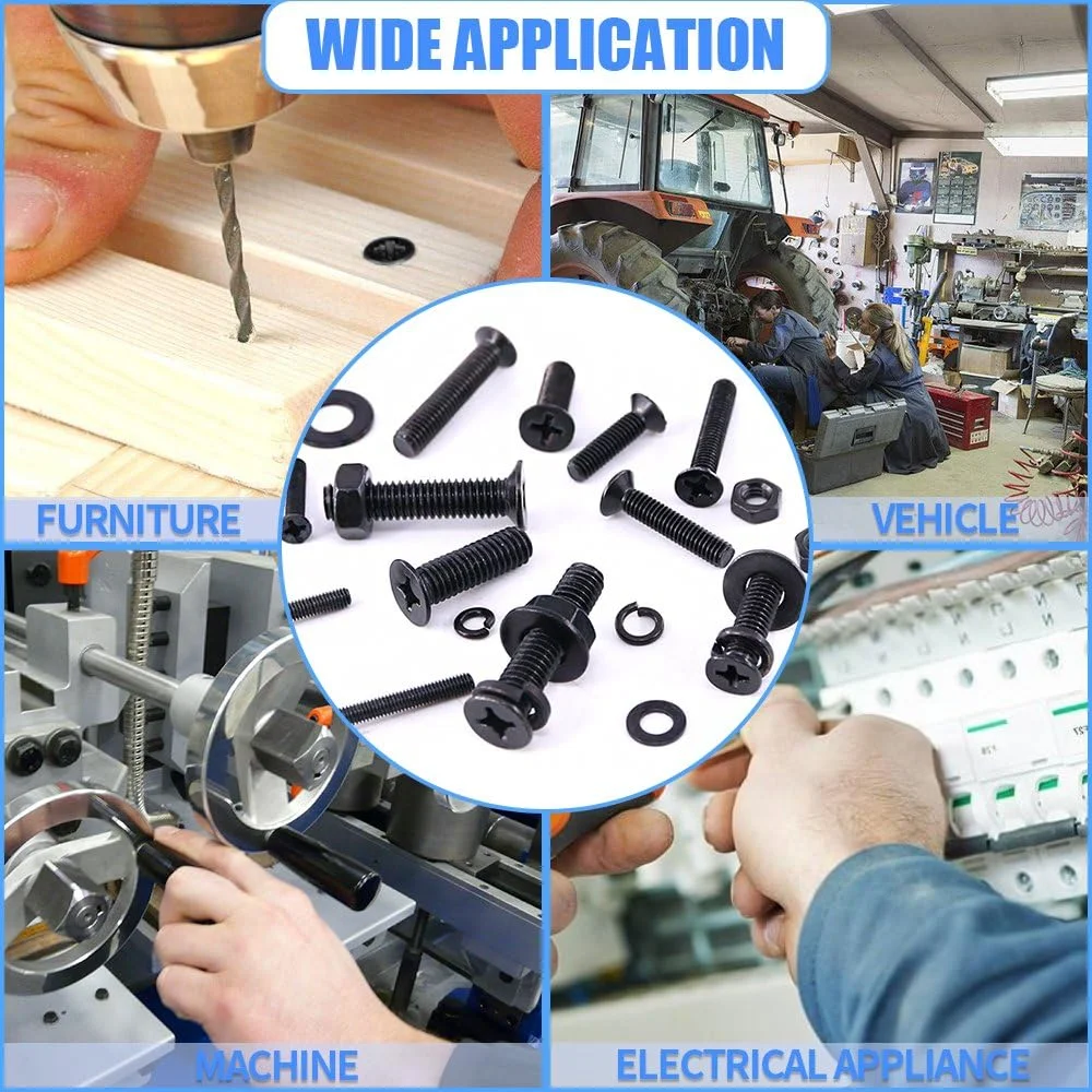 مجموعه پیچ و مهره و واشر فنری Glarks شامل 665 عدد پیچ ماشینی سر تخت فولادی آلیاژی، مهره و واشر تخت، رزوه کامل، پوشش اکسید سیاه مجموعه پیچ و مهره و واشر فنری Glarks شامل 665 عدد پیچ ماشینی سر تخت فولادی آلیاژی، مهره و واشر تخت، رزوه کامل، پوشش اکسید سیاه