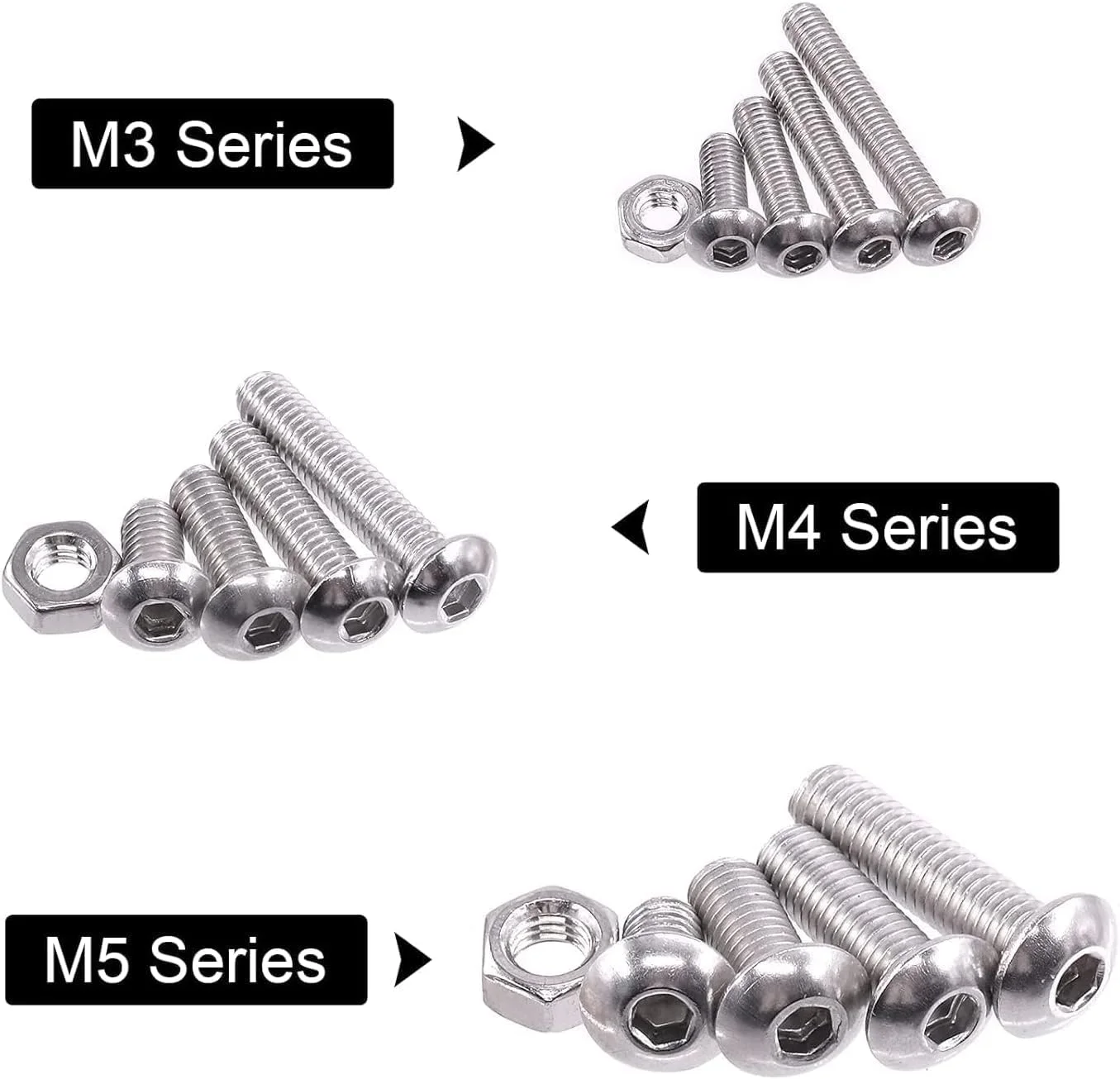 مجموعه 500 عددی مهره و پیچ، کیت پیچ های سر استوانه ای با سوکت شش گوش فولاد ضد زنگ 304، کیت متنوع سخت افزار بست رزوه M3/M4/M5 با جعبه، نقره ای