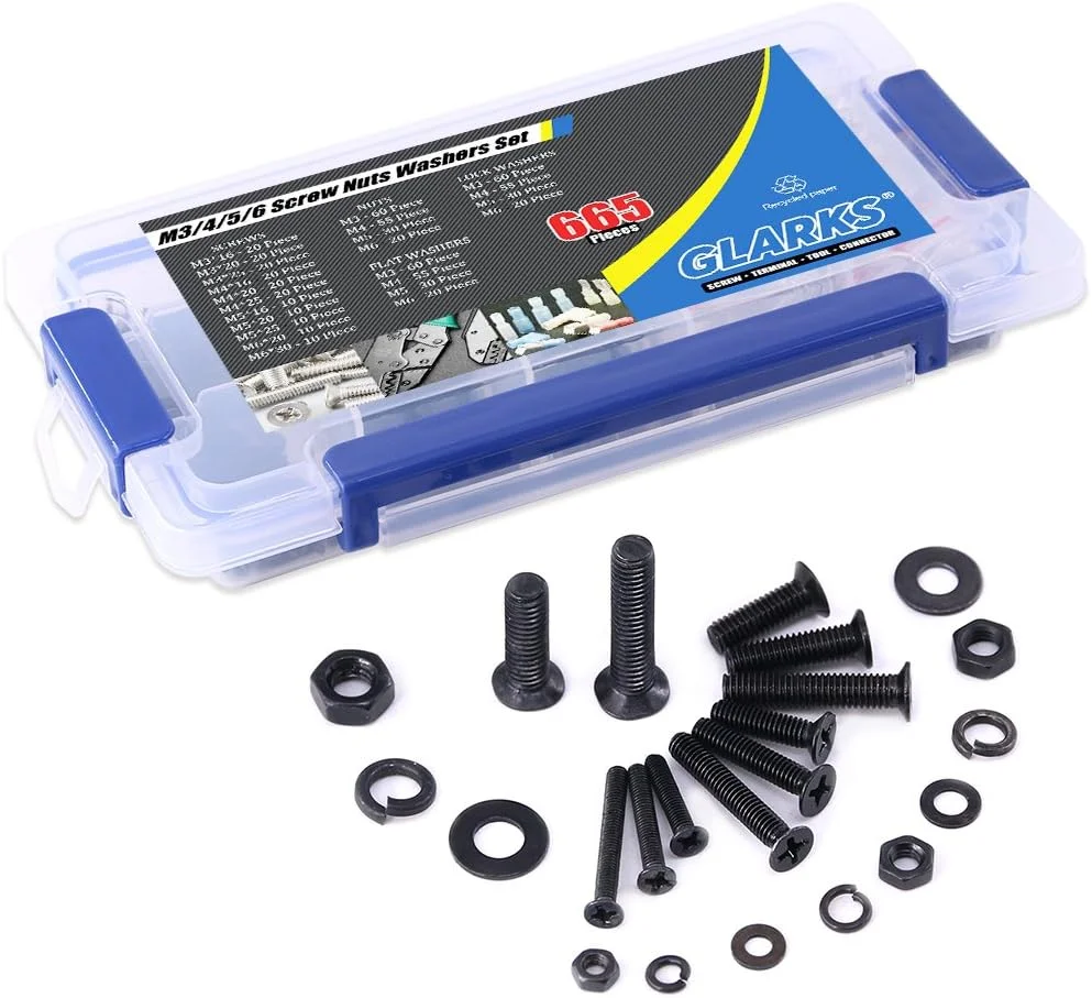 مجموعه پیچ و مهره و واشر فنری Glarks شامل 665 عدد پیچ ماشینی سر تخت فولادی آلیاژی، مهره و واشر تخت، رزوه کامل، پوشش اکسید سیاه مجموعه پیچ و مهره و واشر فنری Glarks شامل 665 عدد پیچ ماشینی سر تخت فولادی آلیاژی، مهره و واشر تخت، رزوه کامل، پوشش اکسید سیاه