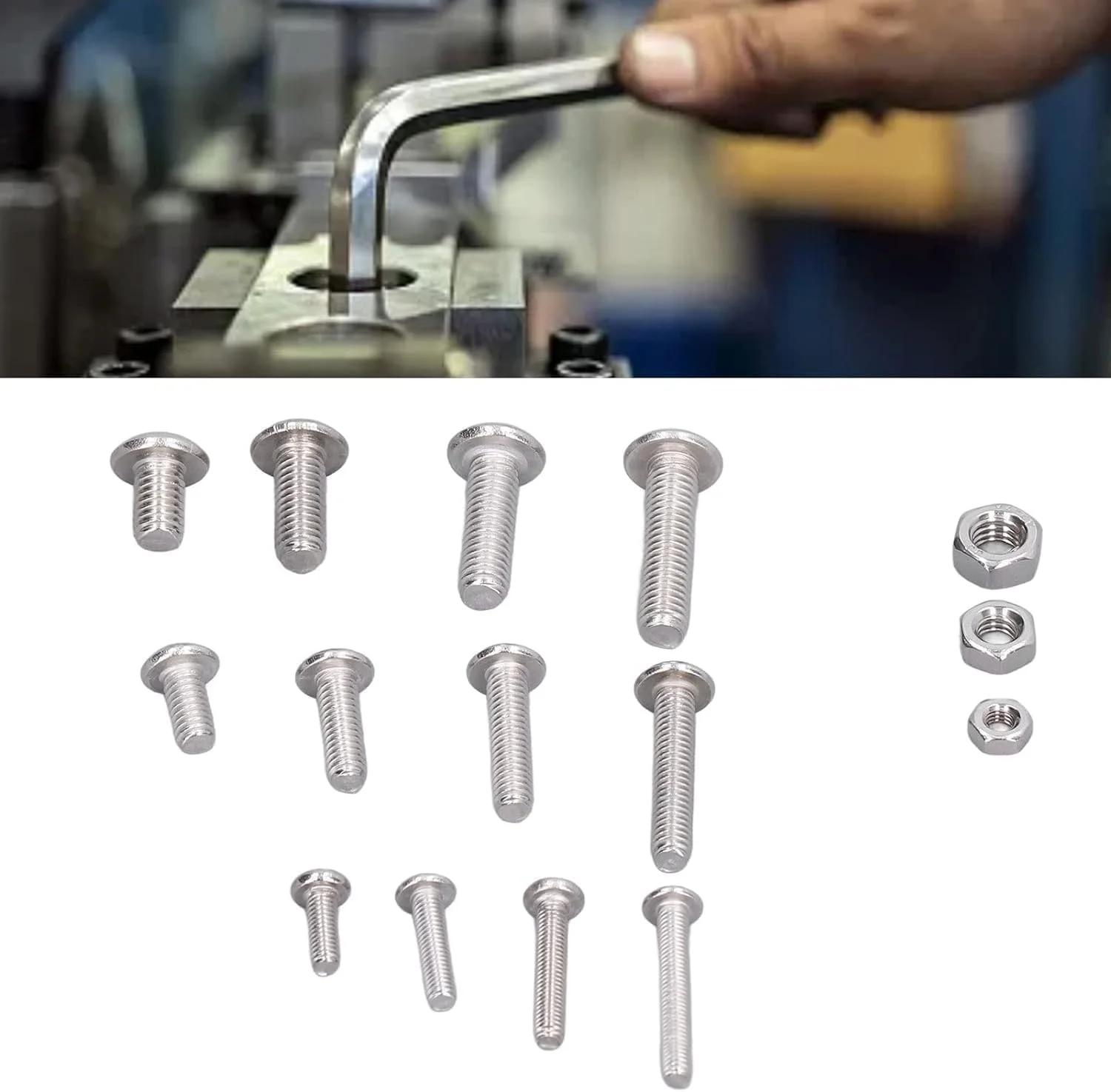 مجموعه 500 عددی مهره و پیچ، کیت پیچ های سر استوانه ای با سوکت شش گوش فولاد ضد زنگ 304، کیت متنوع سخت افزار بست رزوه M3/M4/M5 با جعبه، نقره ای