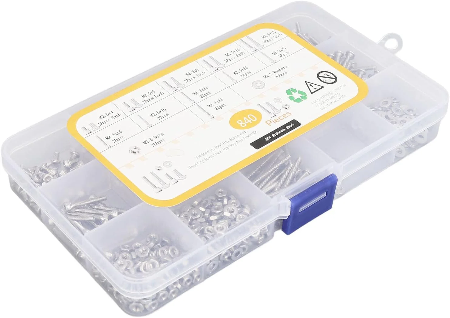 مجموعه مهره و پیچ، مجموعه پیچ و مهره با واشرهای تخت 840 عددی M2.5 استیل ضد زنگ، مجموعه پیچ های سر شش گوش