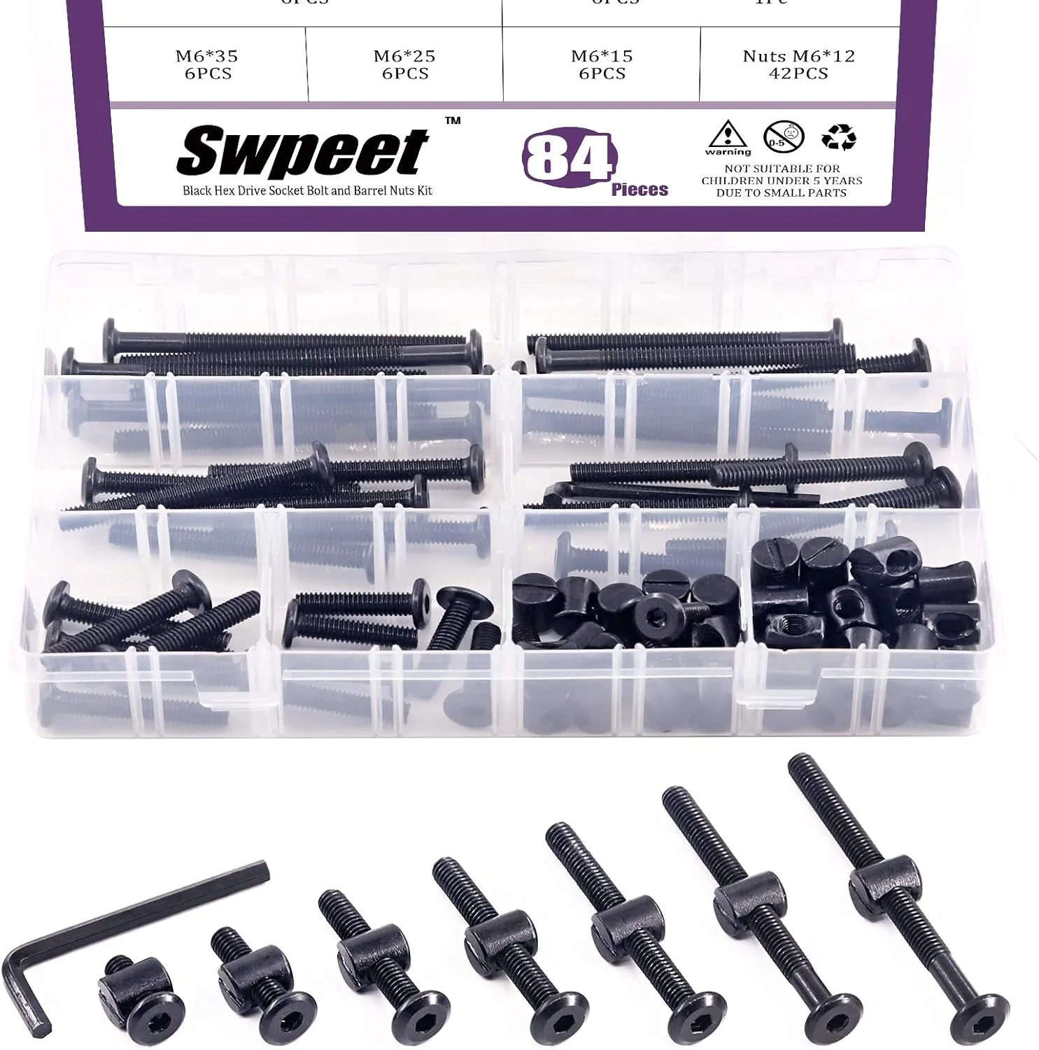 Swpeet 84Pcs Black M6 × 15/25/35/45/55/65/75mm Crib Hardware Screws Kit, Hex Socket Head Cap Crib Baby Bed Bolt and Barrel Nuts with 1 x Allen Wrench Perfect for Furniture, Cots, Crib Screws Swpeet 84Pcs Black M6 × 15/25/35/45/55/65/75mm Crib Hardware Screws Kit, Hex Socket Head Cap Crib Baby Bed Bolt and Barrel Nuts with 1 x Allen Wrench Perfect for Furniture, Cots, Crib Screws