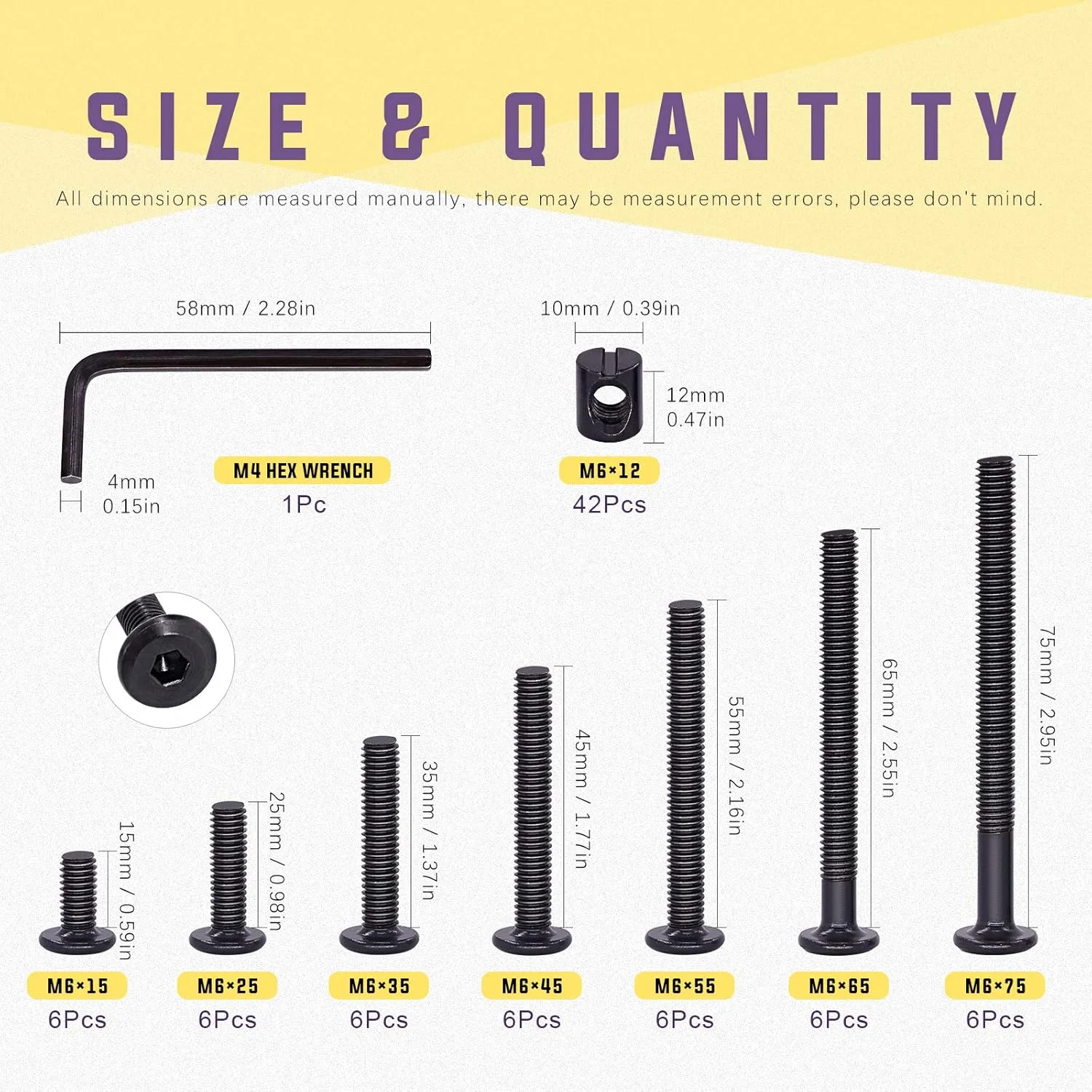 Swpeet 84Pcs Black M6 Ãƒâ€” 15/25/35/45/55/65/75mm Crib Hardware Screws Kit, Hex Socket Head Cap Crib Baby Bed Bolt and Barrel Nuts with 1 x Allen Wrench Perfect for Furniture, Cots, Crib Screws