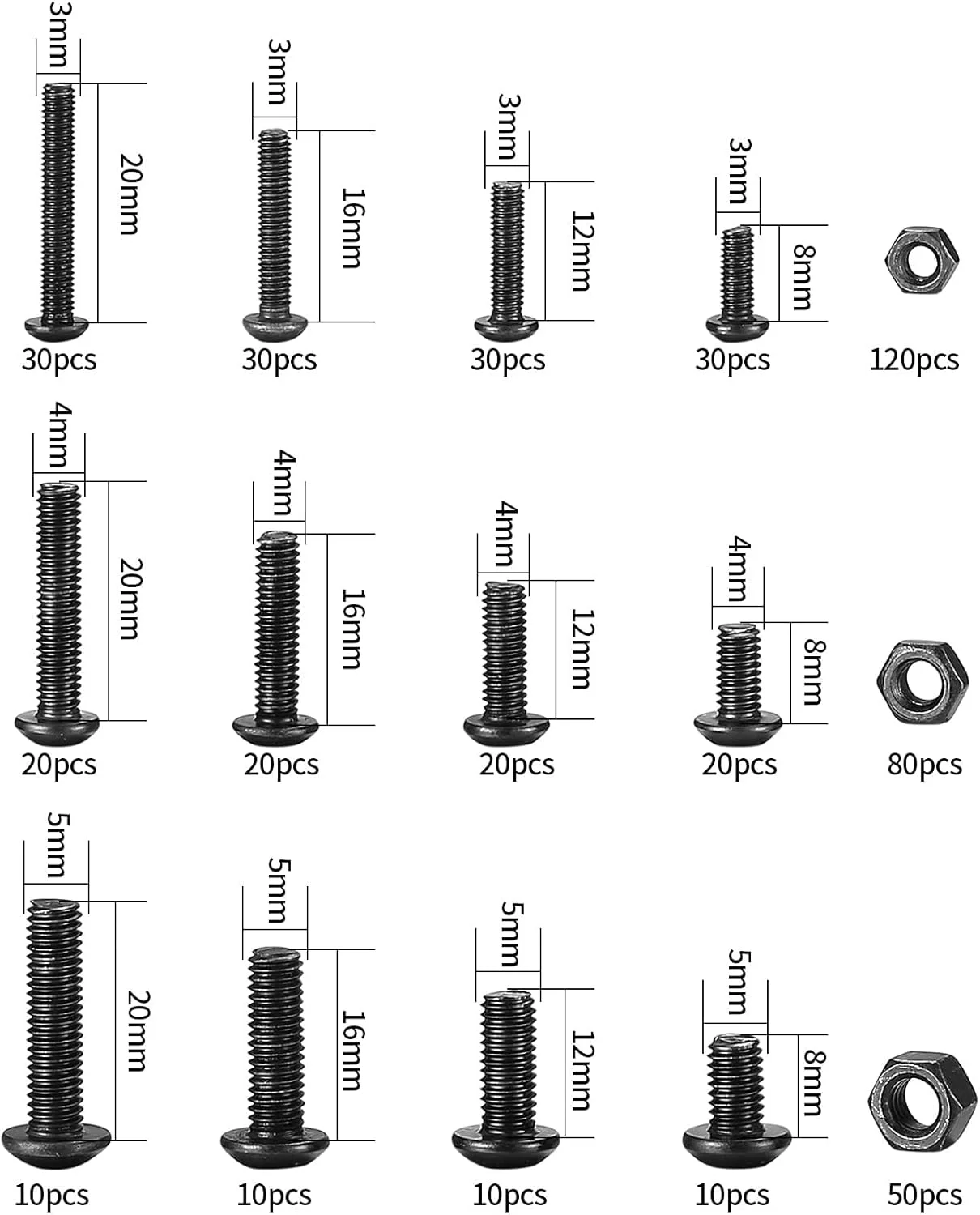 X Spring Heavy Duty Bolts and Nuts Kit, 500 PCS Black Hex Socket Head Cap Screws, M3/M4/M5 Thread Fastener Machine Hex Bolts and Nuts Assortment Kit