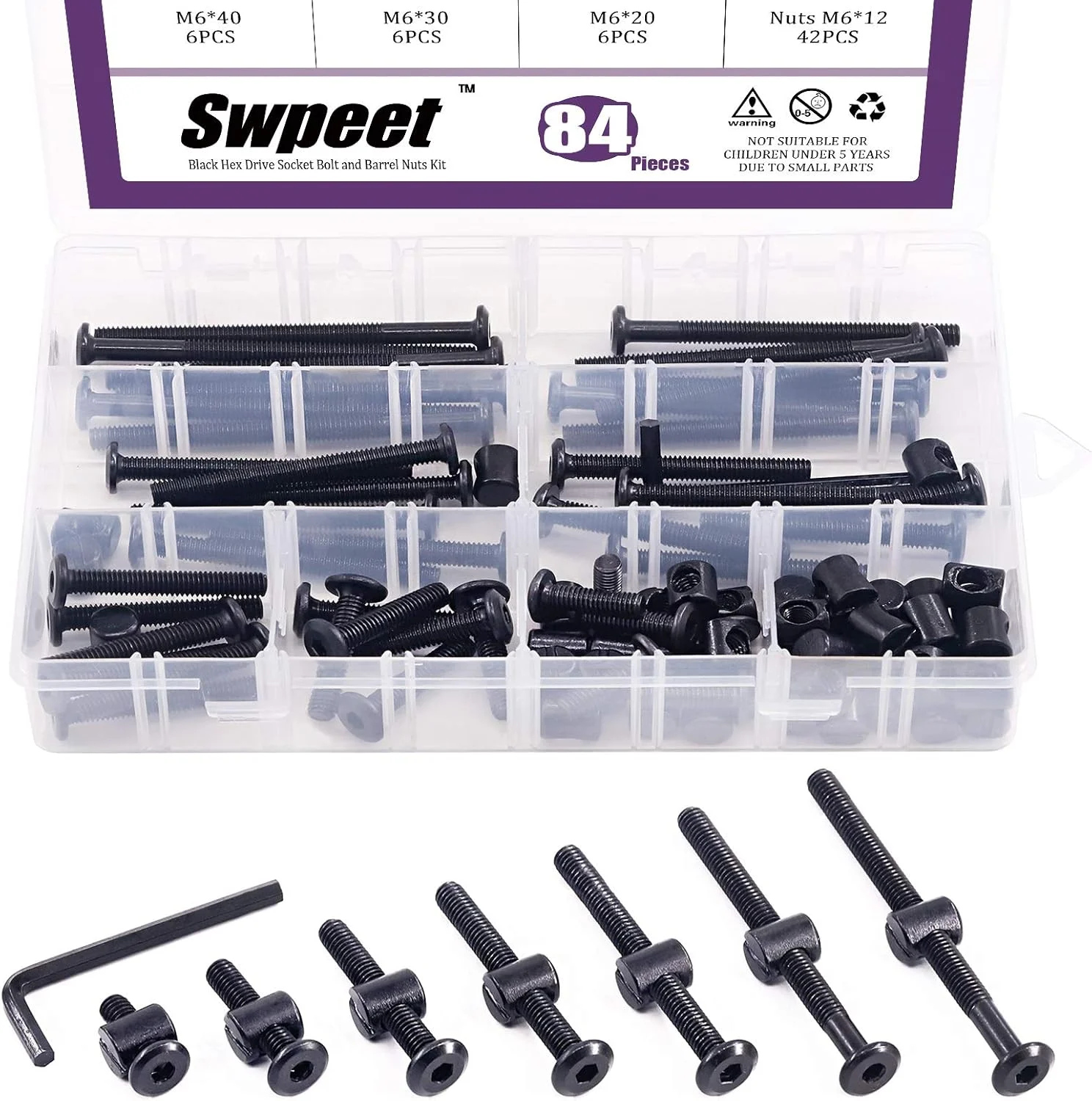 Swpeet 120Pcs Black M6 × 20/30/40/50/60/70/80mm Crib Hardware Screws Kit, Hex Socket Head Cap Crib Baby Bed Bolt and Barrel Nuts with 1 x Allen Wrench Perfect for Furniture, Cots, Crib Screws Swpeet 120Pcs Black M6 × 20/30/40/50/60/70/80mm Crib Hardware Screws Kit, Hex Socket Head Cap Crib Baby Bed Bolt and Barrel Nuts with 1 x Allen Wrench Perfect for Furniture, Cots, Crib Screws