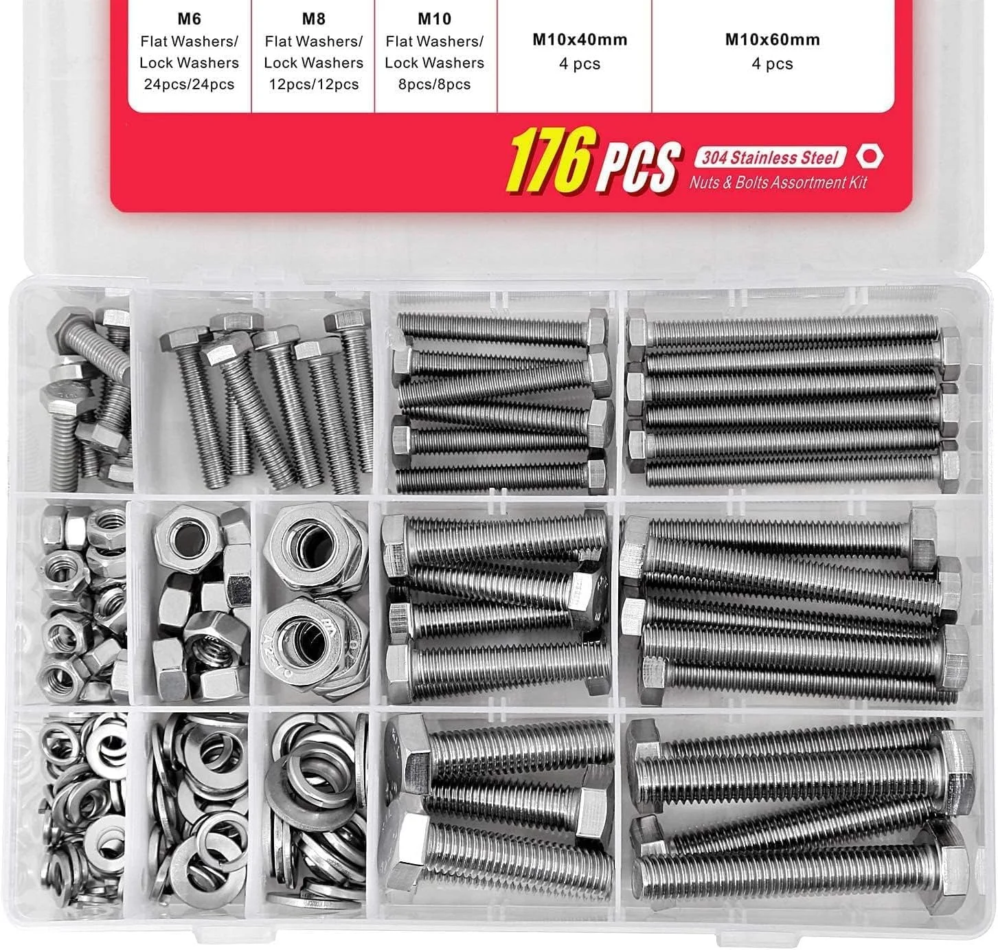 کیت پیچ و مهره های سنگین X spring، مجموعه سخت افزاری 176 عددی استیل ضد زنگ، بست های مقاوم با واشرهای تخت، ایده آل برای ماشین آلات، مبلمان و پروژه های DIY، شامل سایزهای M6 M8 M10