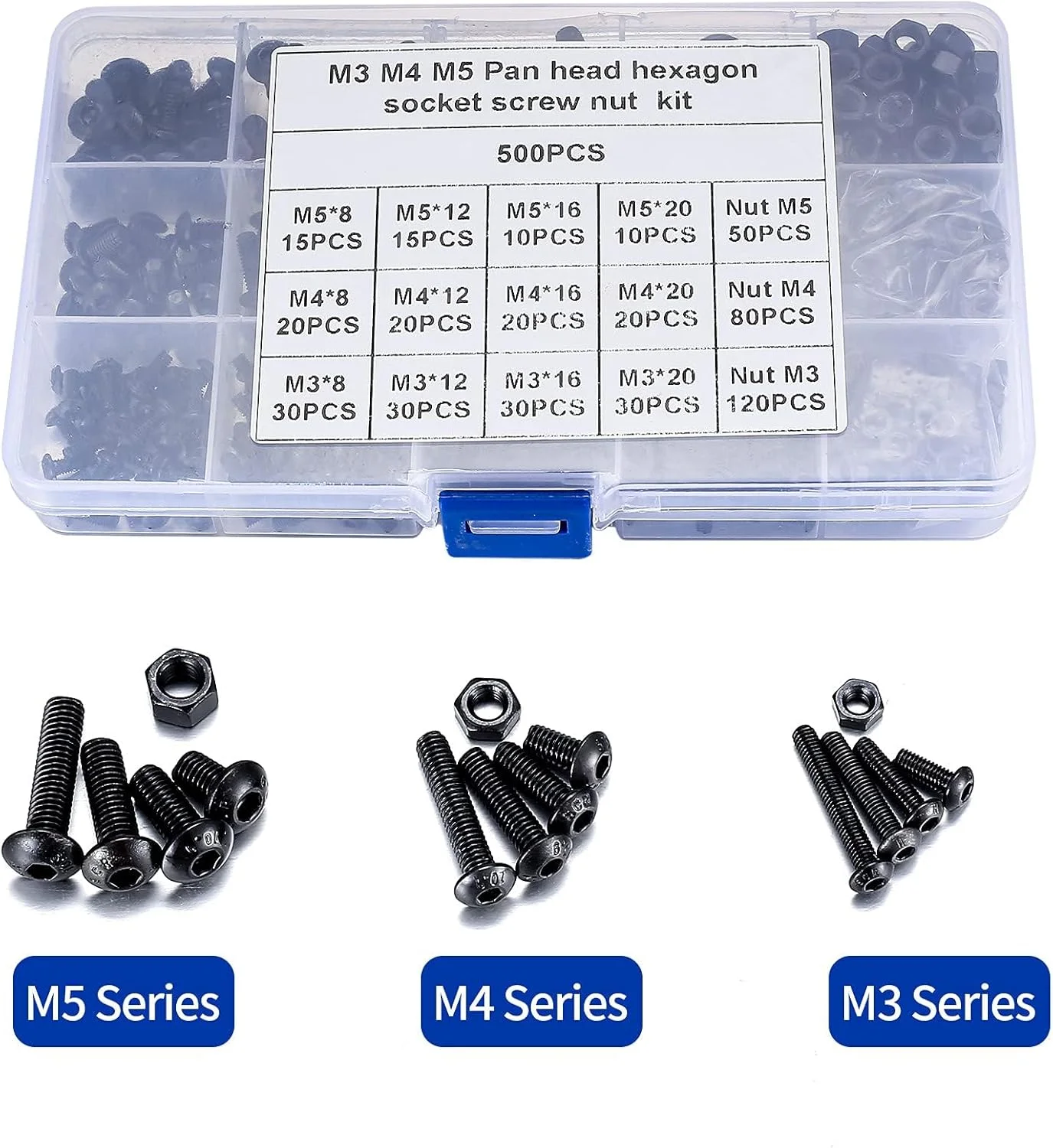 X Spring Heavy Duty Bolts and Nuts Kit, 500 PCS Black Hex Socket Head Cap Screws, M3/M4/M5 Thread Fastener Machine Hex Bolts and Nuts Assortment Kit