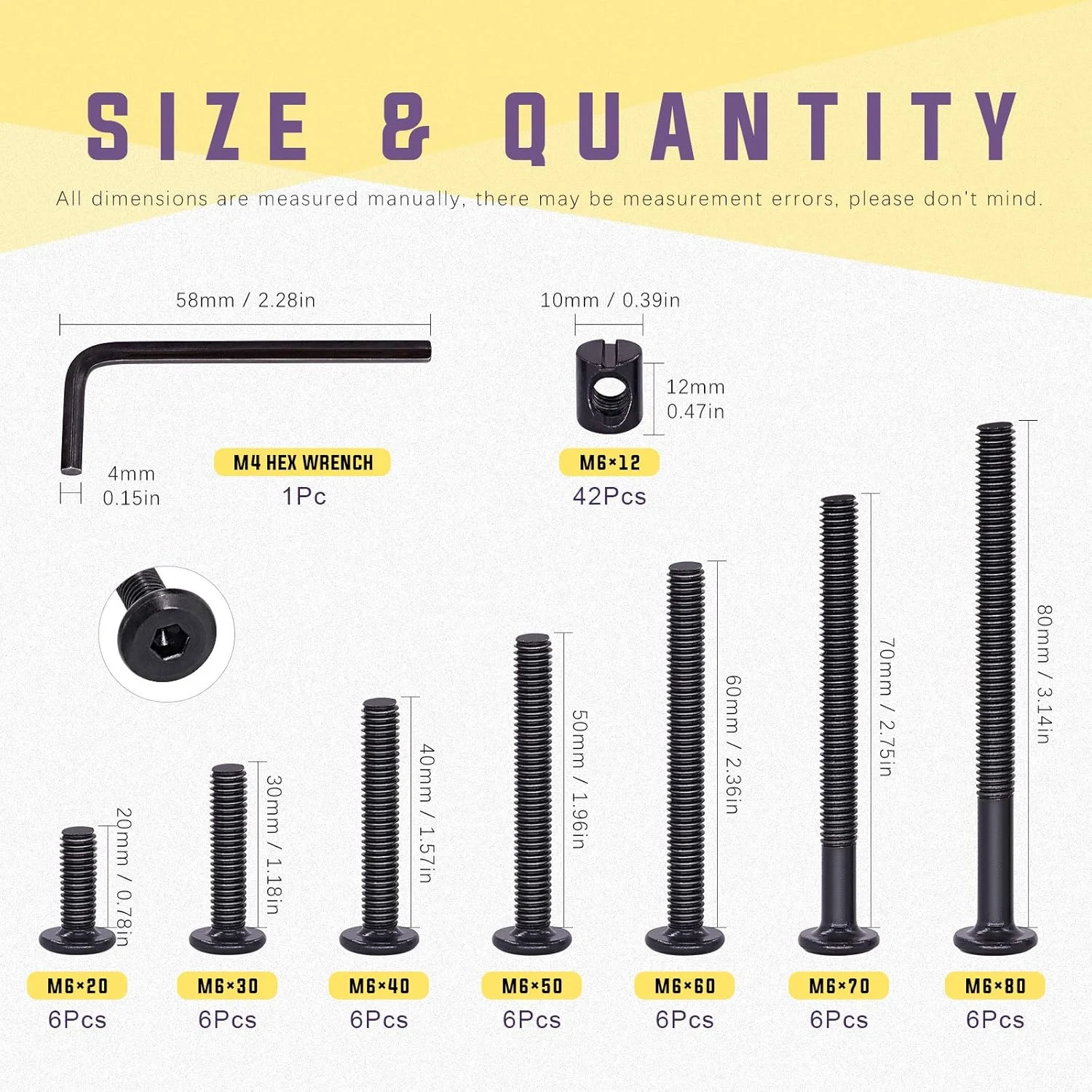 Swpeet 120Pcs Black M6 × 20/30/40/50/60/70/80mm Crib Hardware Screws Kit, Hex Socket Head Cap Crib Baby Bed Bolt and Barrel Nuts with 1 x Allen Wrench Perfect for Furniture, Cots, Crib Screws Swpeet 120Pcs Black M6 × 20/30/40/50/60/70/80mm Crib Hardware Screws Kit, Hex Socket Head Cap Crib Baby Bed Bolt and Barrel Nuts with 1 x Allen Wrench Perfect for Furniture, Cots, Crib Screws